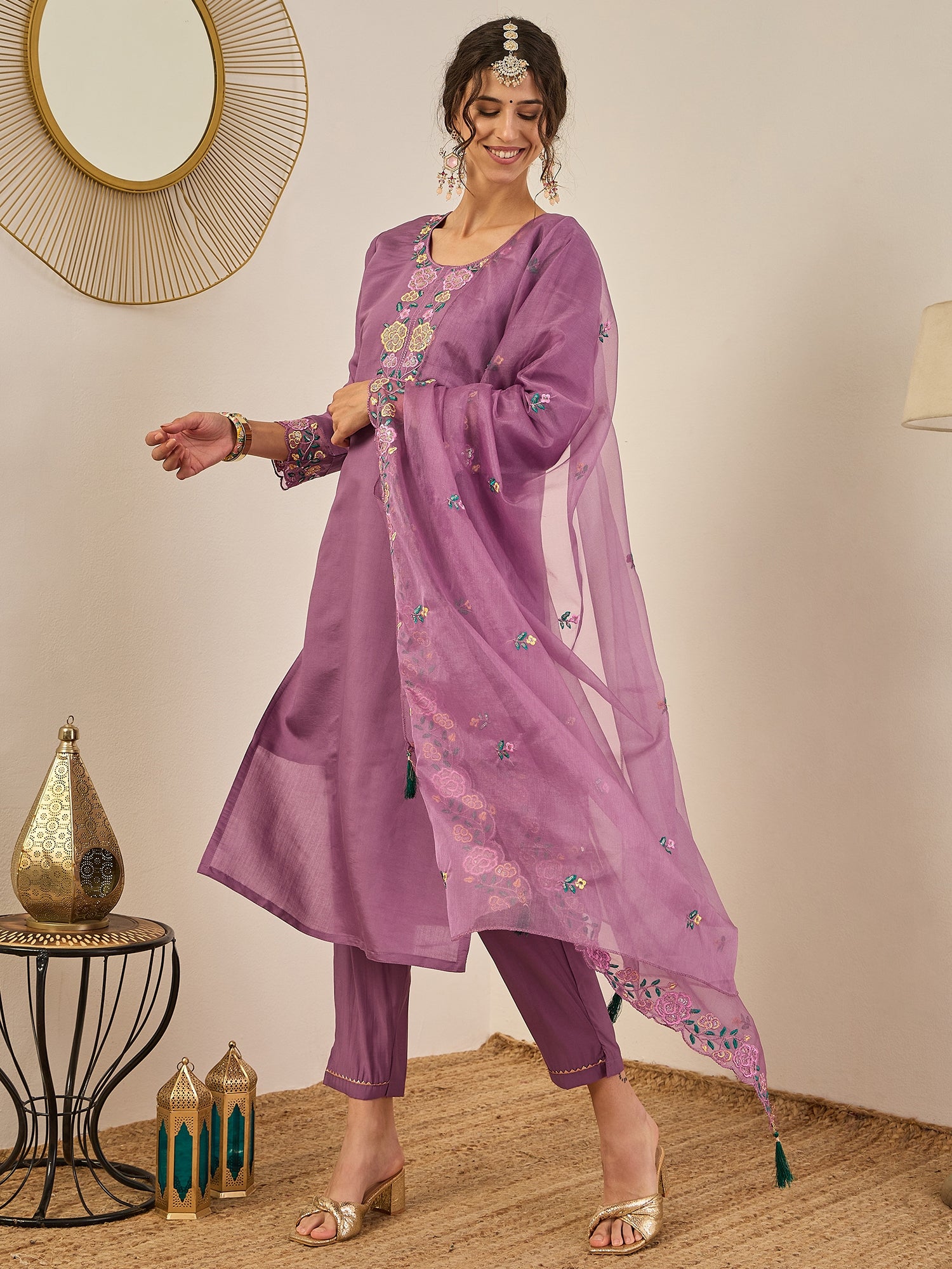 Damini Women's Embroidered Viscose Roman Silk Kurta Pant Set with Organza Dupatta Elegant Lightweight Ethnic Wear