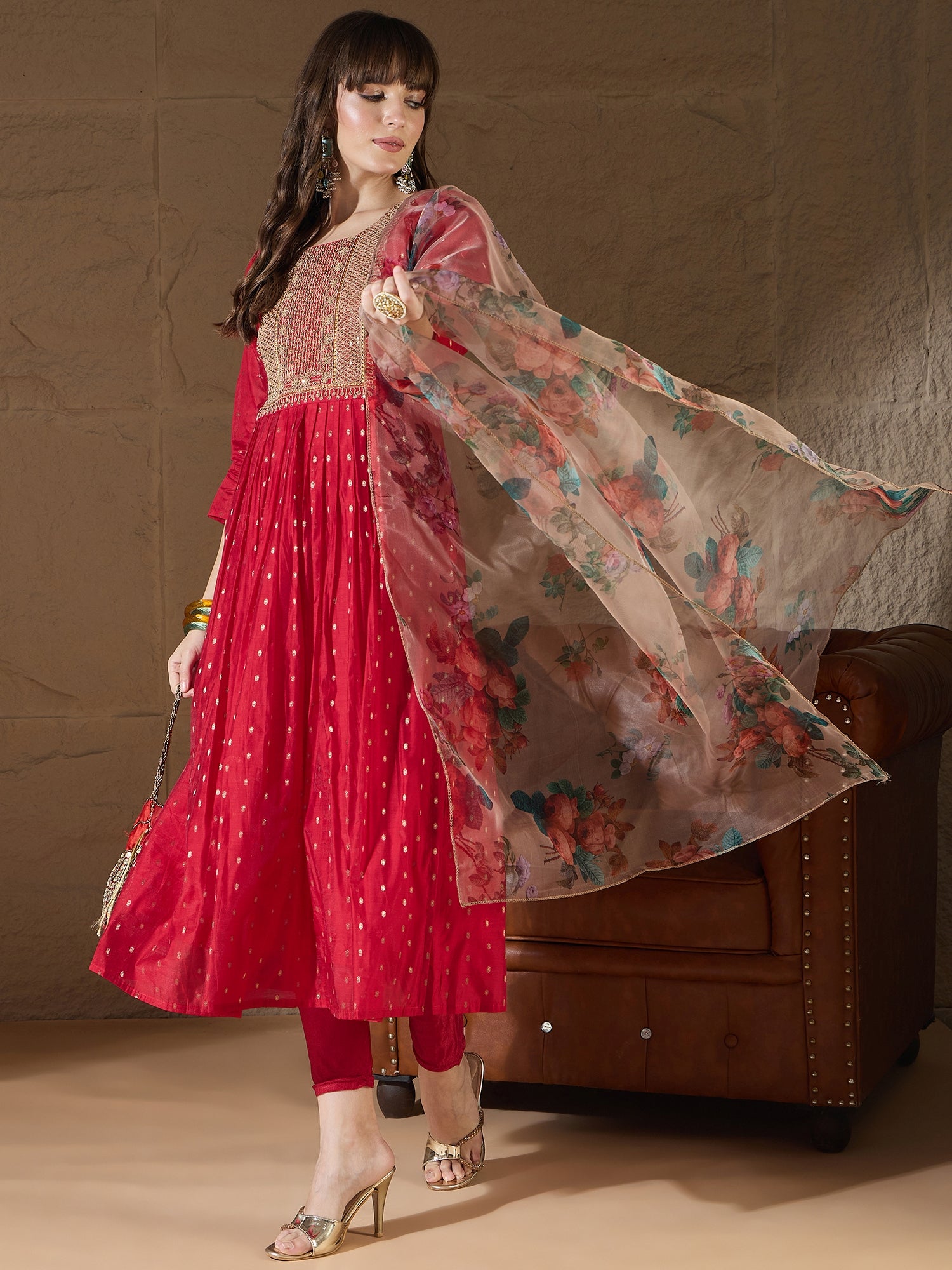 Nirvani  Red Women Kurta and Leggings Duppata Set Chanderi Modal Butti