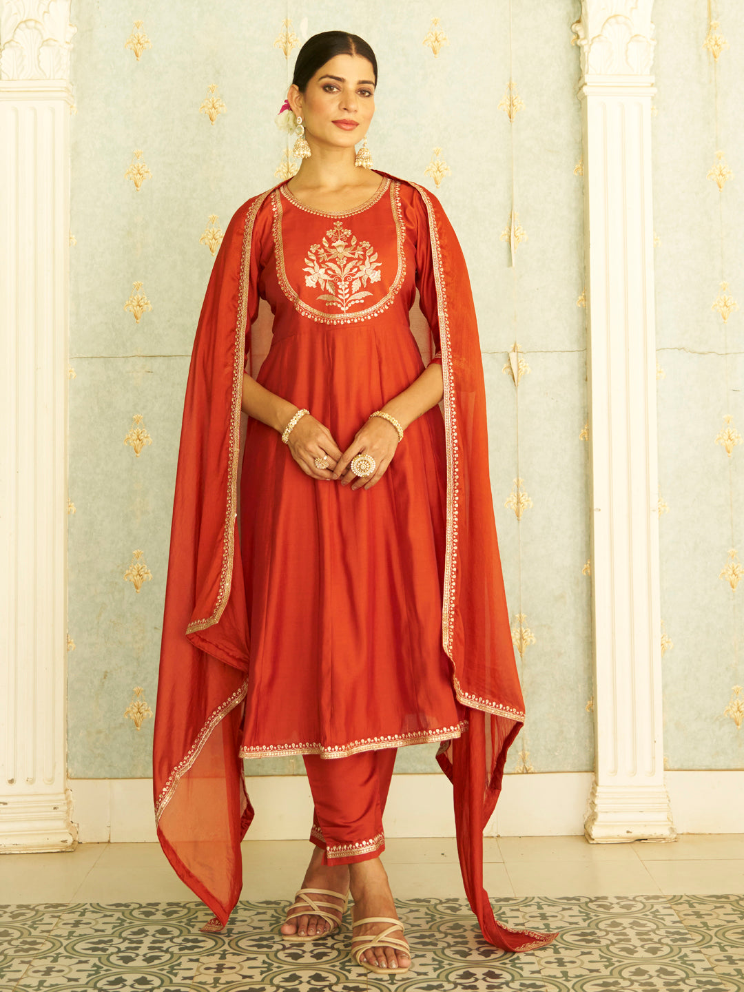 Nayera Peach Anarkali Kurta and Pant Dupatta Set