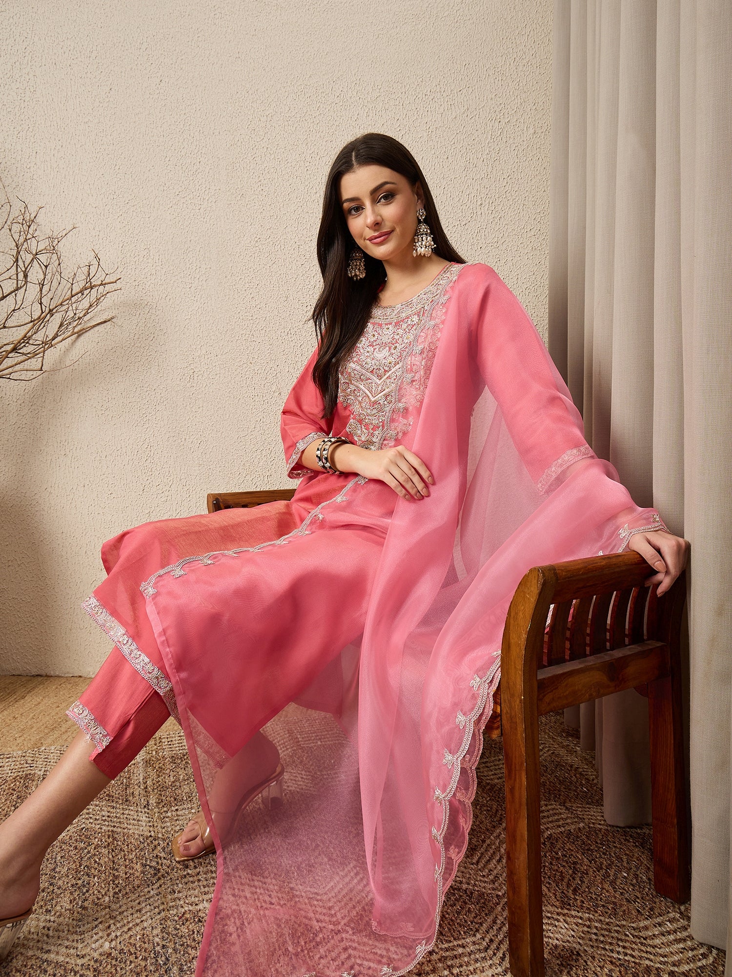 Saanwari Peach Silk Blend Calf Length Embroidered Straight Suit Set