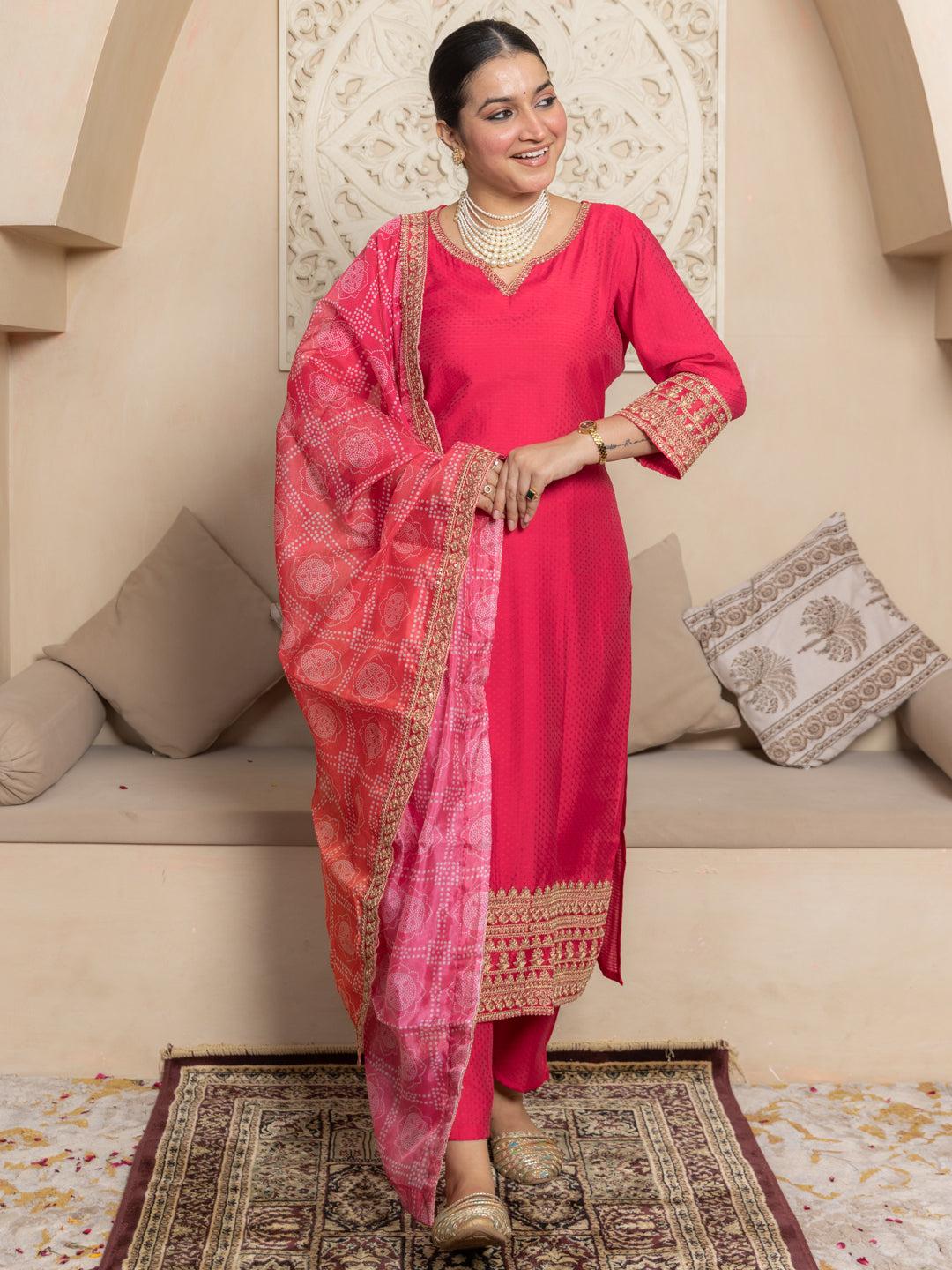 Prakriti Pink Kurta and Pant Dupatta Sets Silk Blend Fabrics with Embroidery