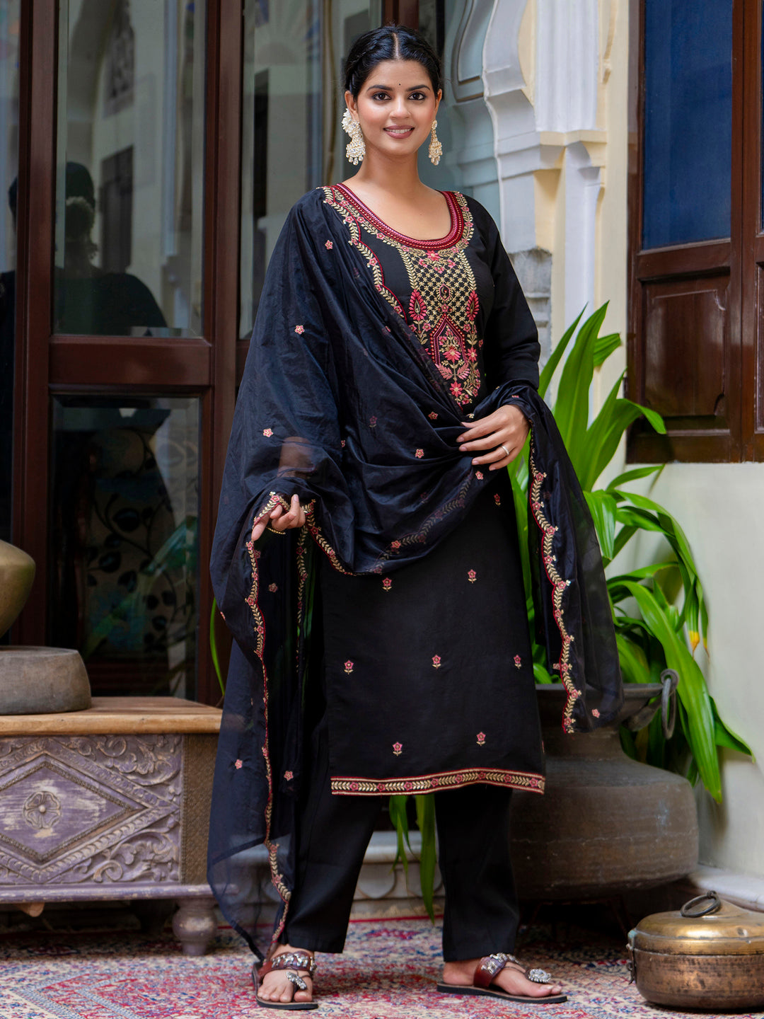 Avni Women's Embroidered Silk Blend Calf Length Straight Kurta Trouser with Dupatta Set