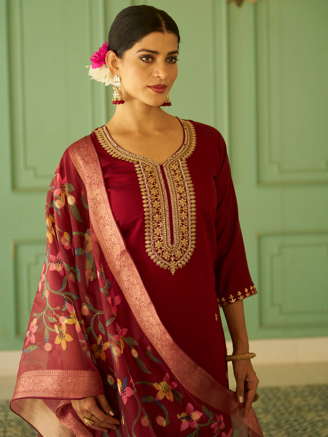 Bhuvika Beads Embroidered Maroon Women Kurta Sets With Dupatta Straight Suits