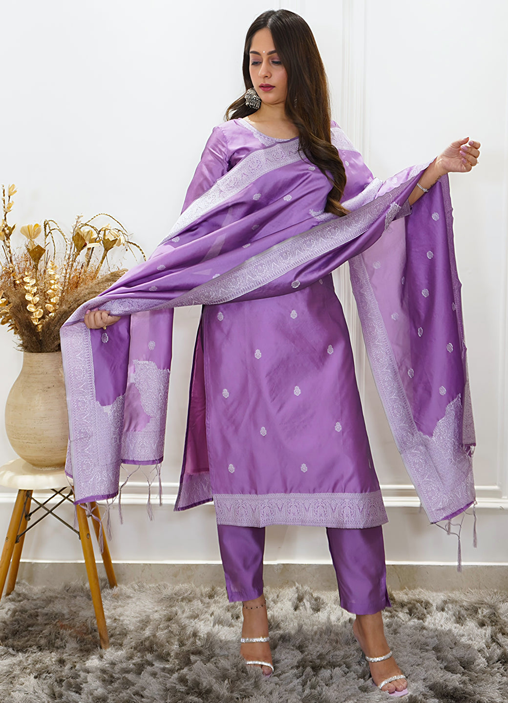 Vanshika Womens Embroidered Cotton Blend Kurta Pant Set with Banarasi Silk Dupatta Elegant Ethnic Wear