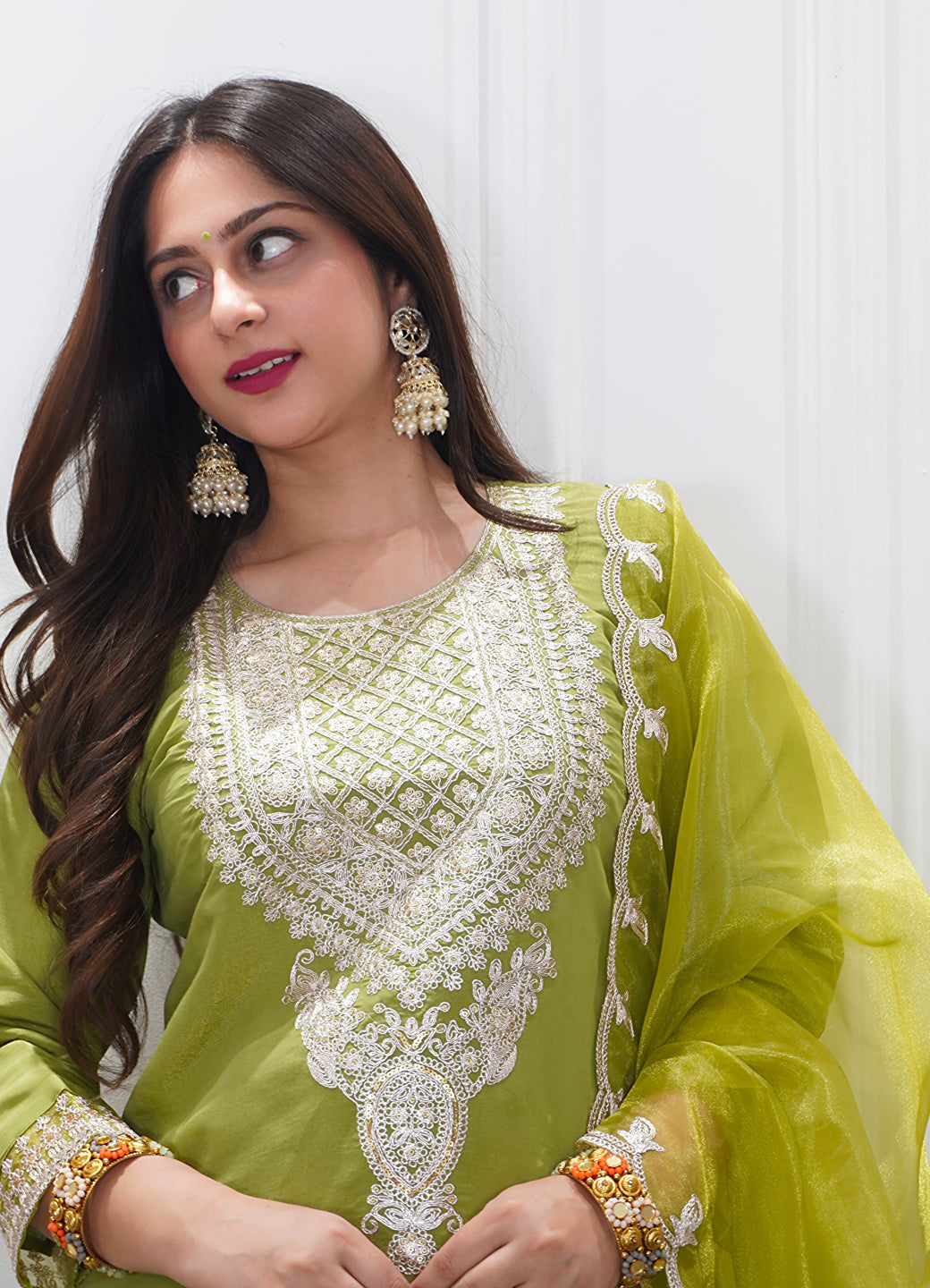 Saubhagyavati Pista Silk Blend Calf Length Embroidered Straight Suit Set