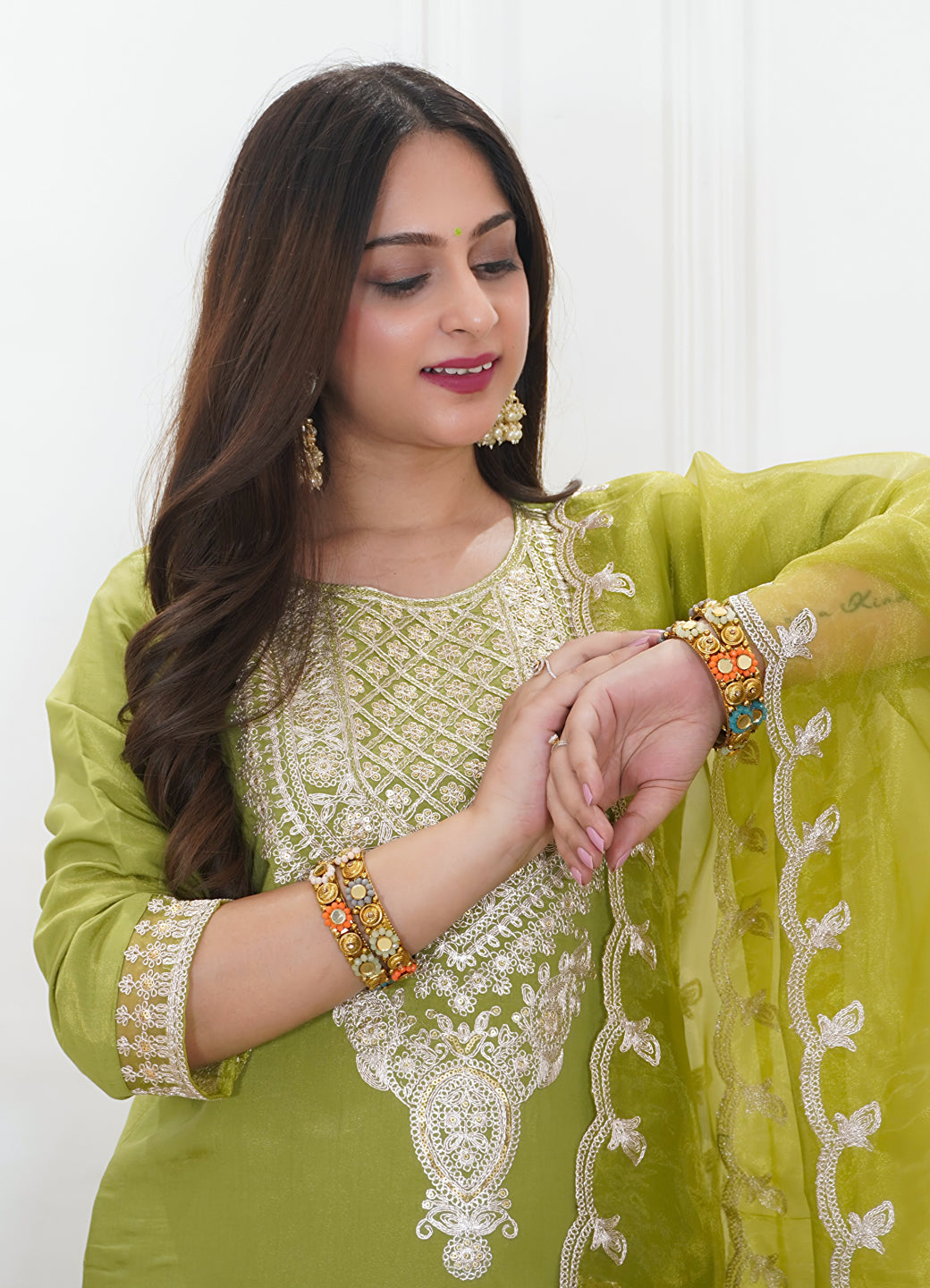 Saubhagyavati Pista Silk Blend Calf Length Embroidered Straight Suit Set