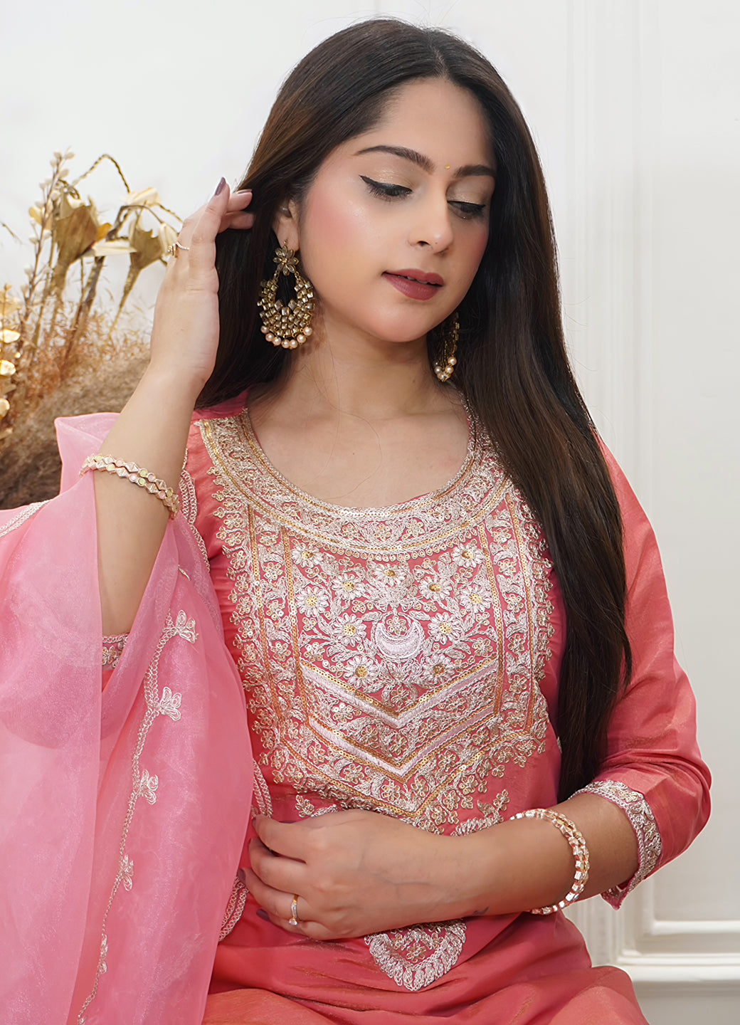 Sohbat Peach Silk Blend Calf Length Embroidered Straight Suit Set