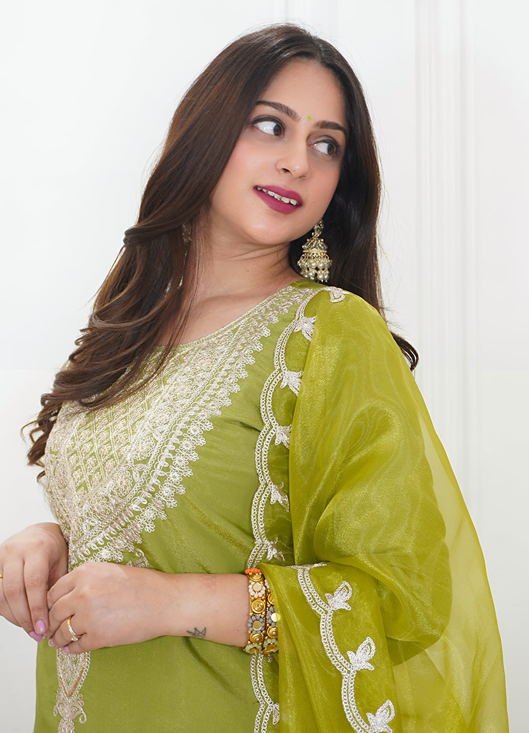 Saubhagyavati Pista Silk Blend Calf Length Embroidered Straight Suit Set