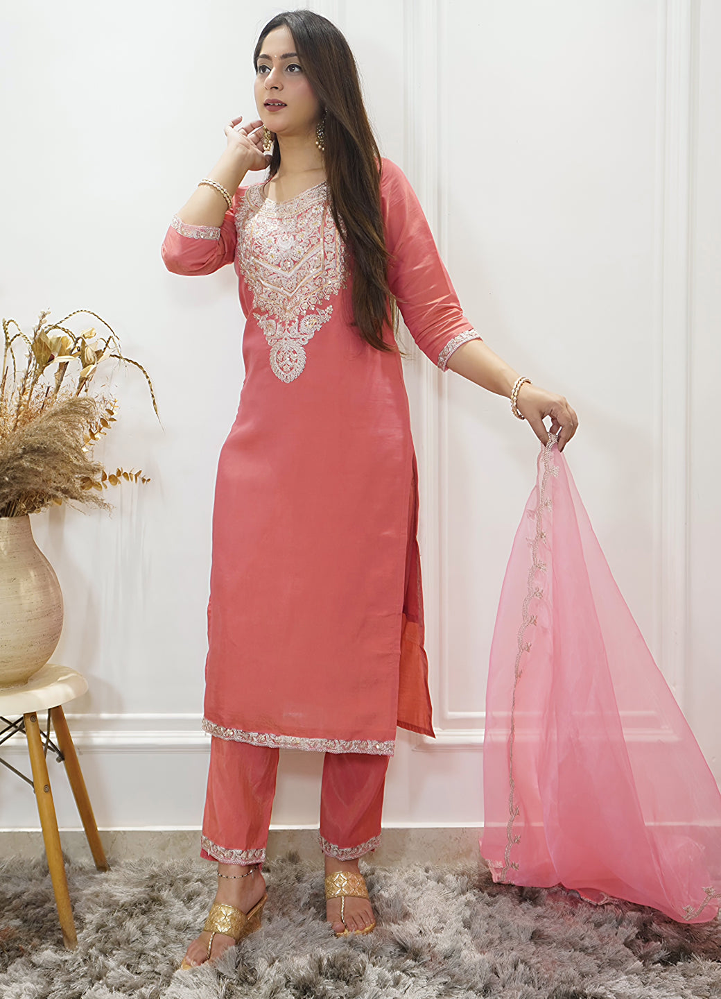 Sohbat Peach Silk Blend Calf Length Embroidered Straight Suit Set
