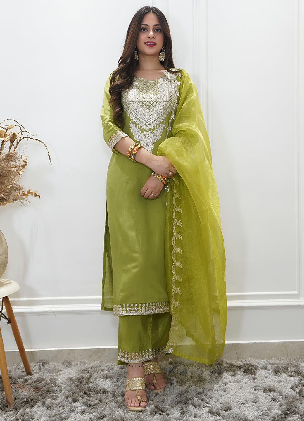 Saubhagyavati Pista Silk Blend Calf Length Embroidered Straight Suit Set