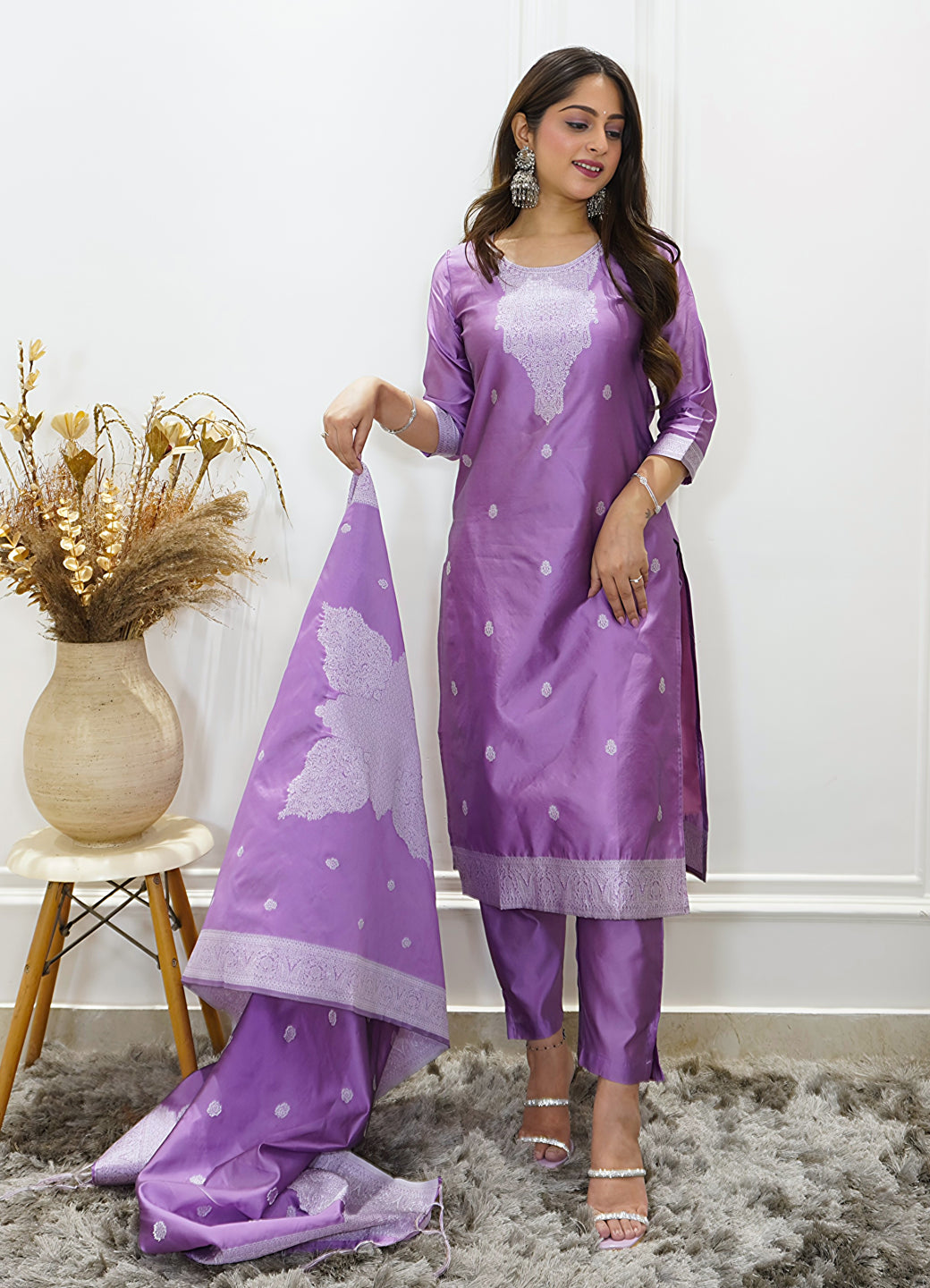 Vanshika Womens Embroidered Cotton Blend Kurta Pant Set with Banarasi Silk Dupatta Elegant Ethnic Wear