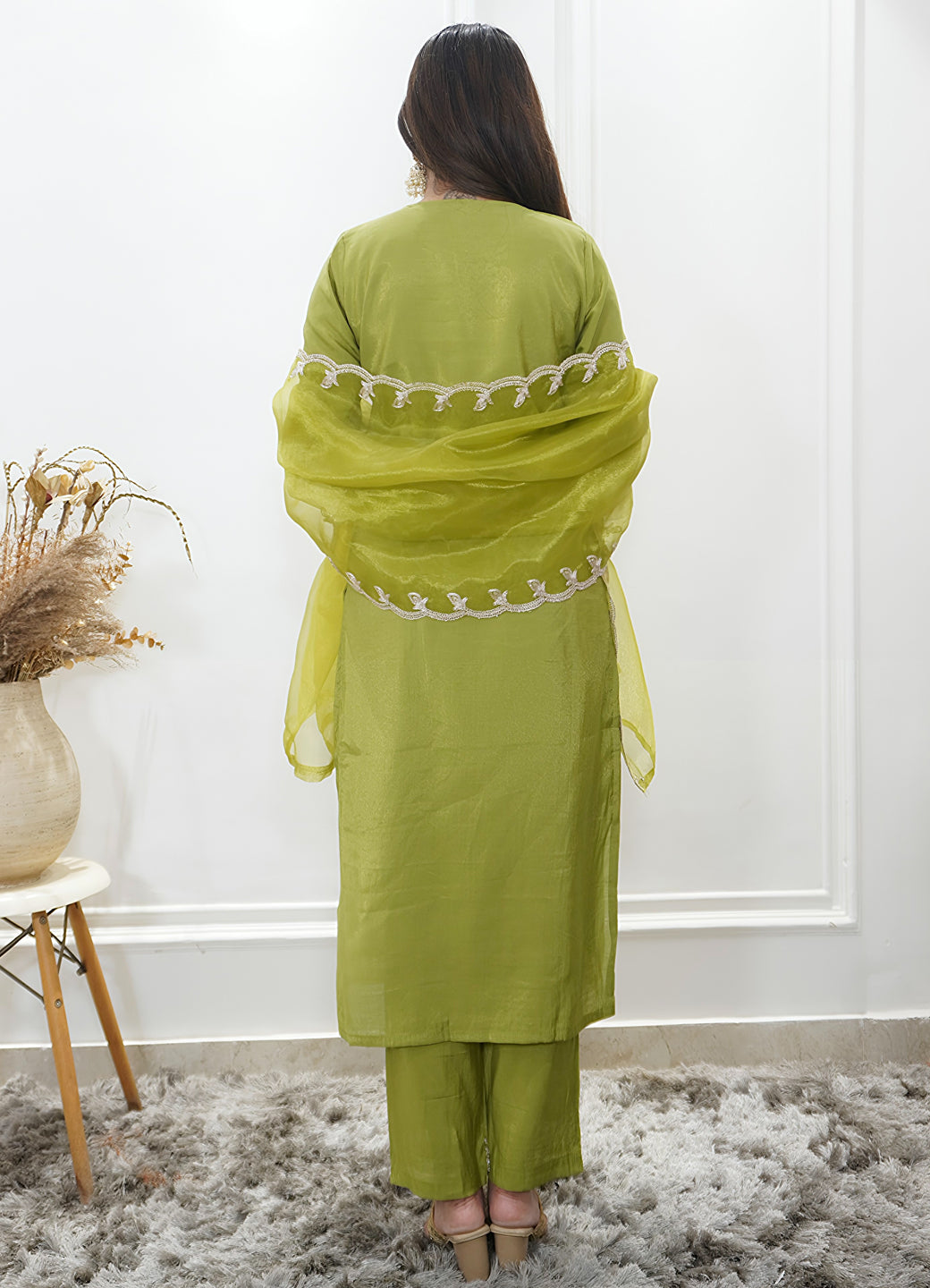 Saubhagyavati Pista Silk Blend Calf Length Embroidered Straight Suit Set