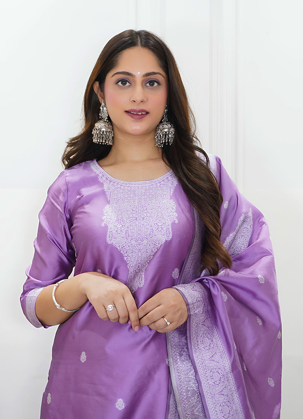 Vanshika Womens Embroidered Cotton Blend Kurta Pant Set with Banarasi Silk Dupatta Elegant Ethnic Wear