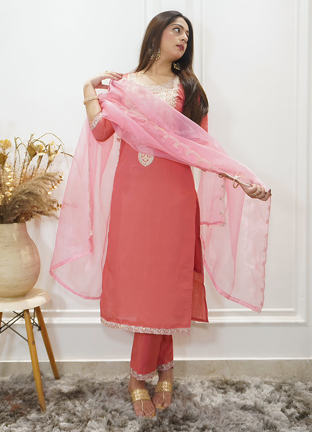 Sohbat Peach Silk Blend Calf Length Embroidered Straight Suit Set