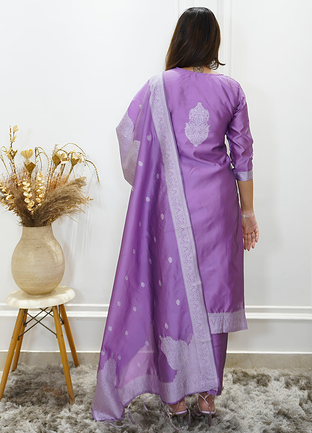 Vanshika Womens Embroidered Cotton Blend Kurta Pant Set with Banarasi Silk Dupatta Elegant Ethnic Wear