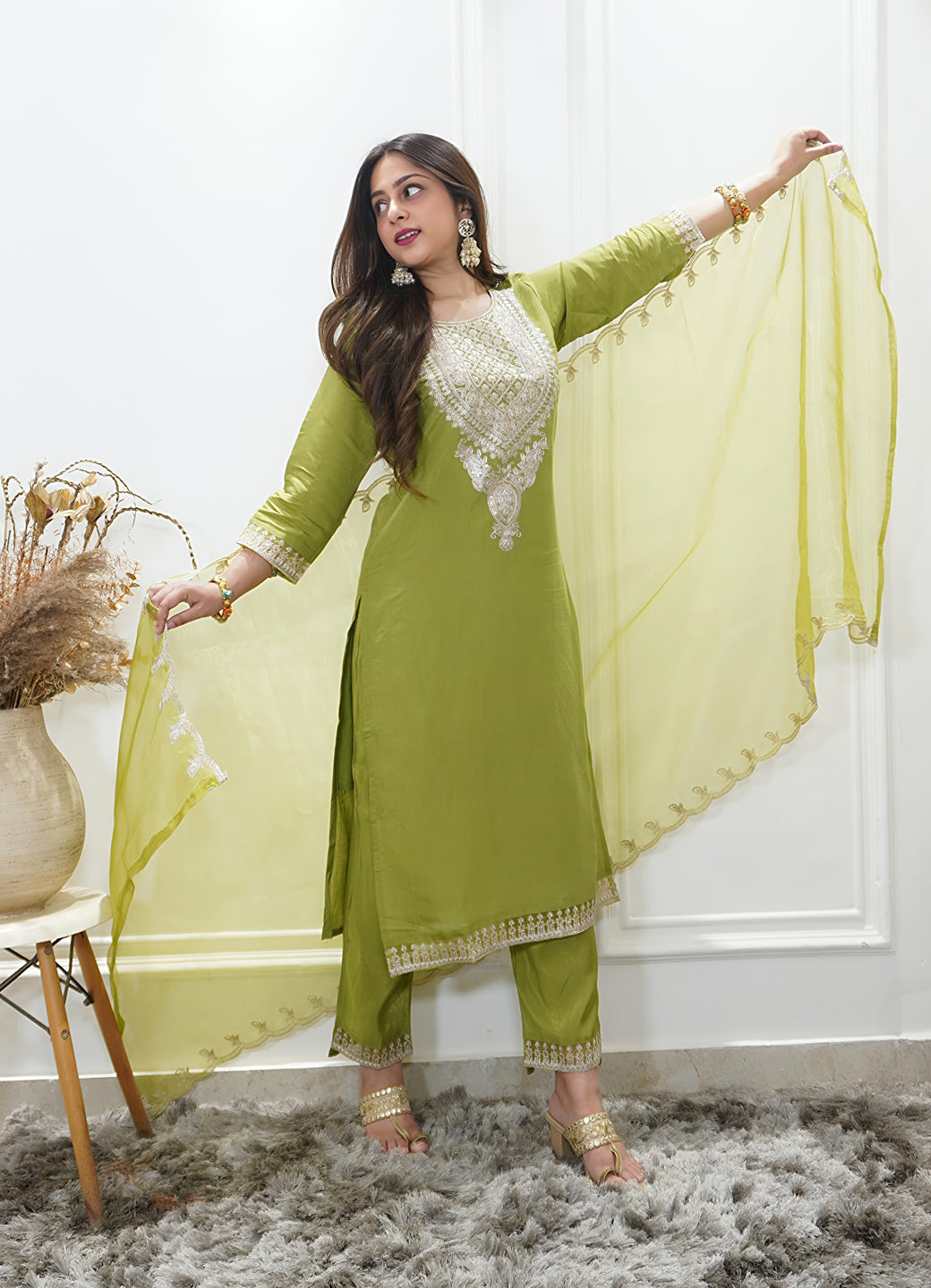 Saubhagyavati Pista Silk Blend Calf Length Embroidered Straight Suit Set