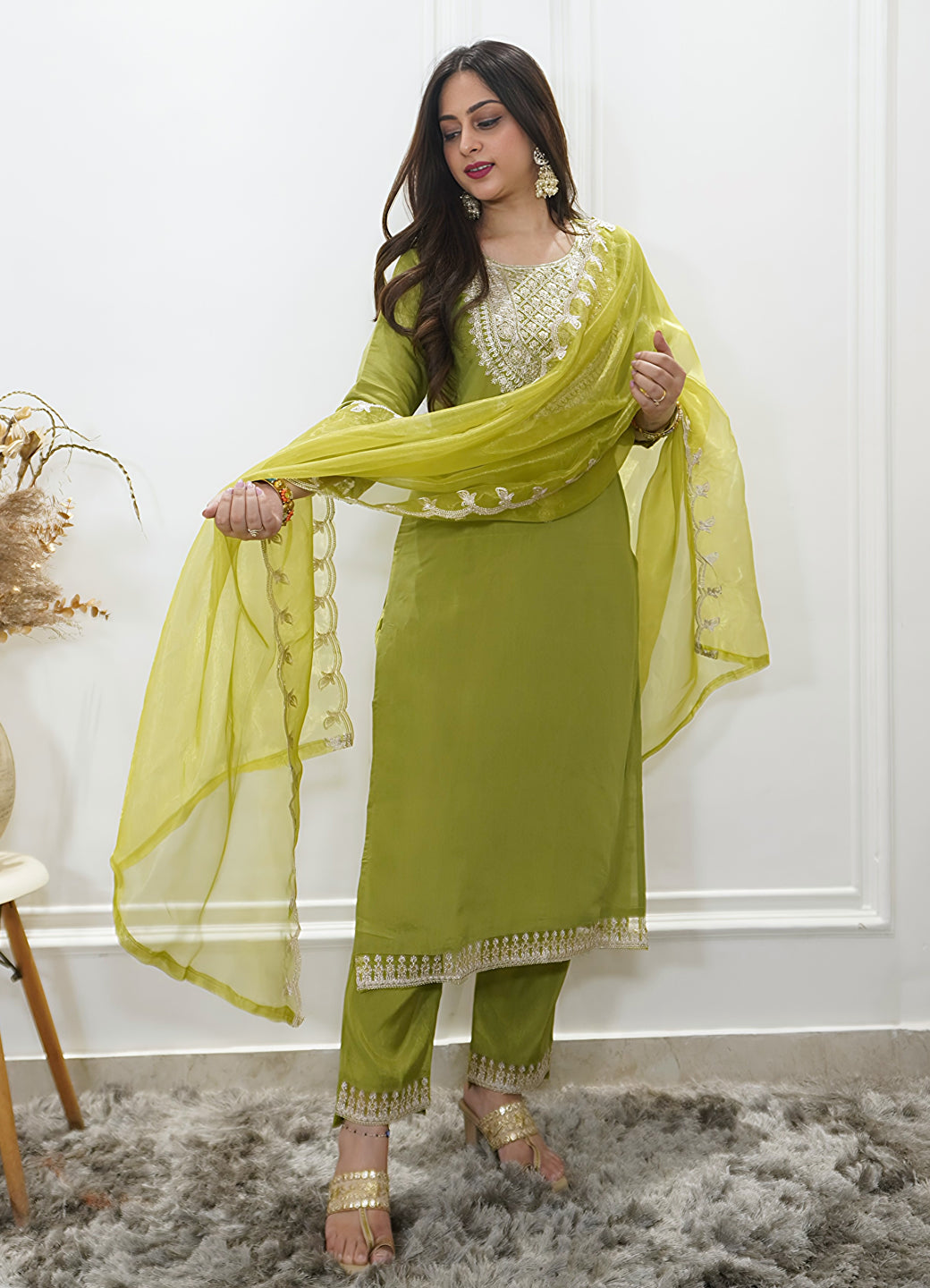 Saubhagyavati Pista Silk Blend Calf Length Embroidered Straight Suit Set