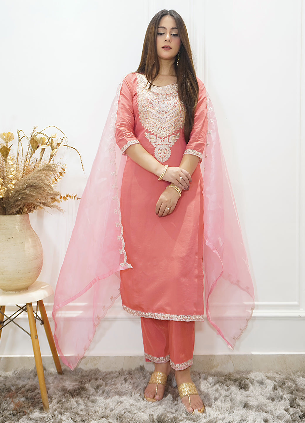 Sohbat Peach Silk Blend Calf Length Embroidered Straight Suit Set