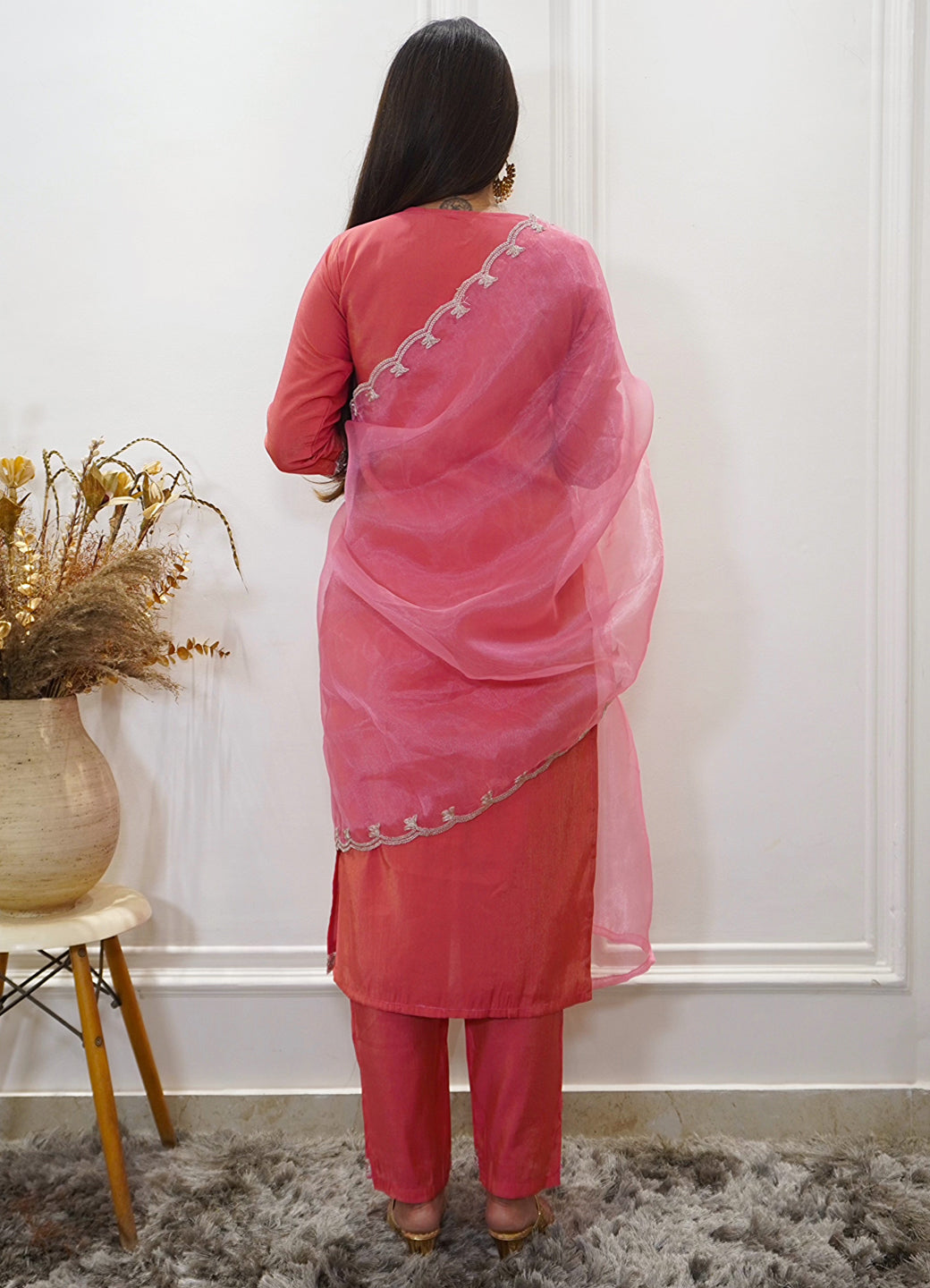 Sohbat Peach Silk Blend Calf Length Embroidered Straight Suit Set