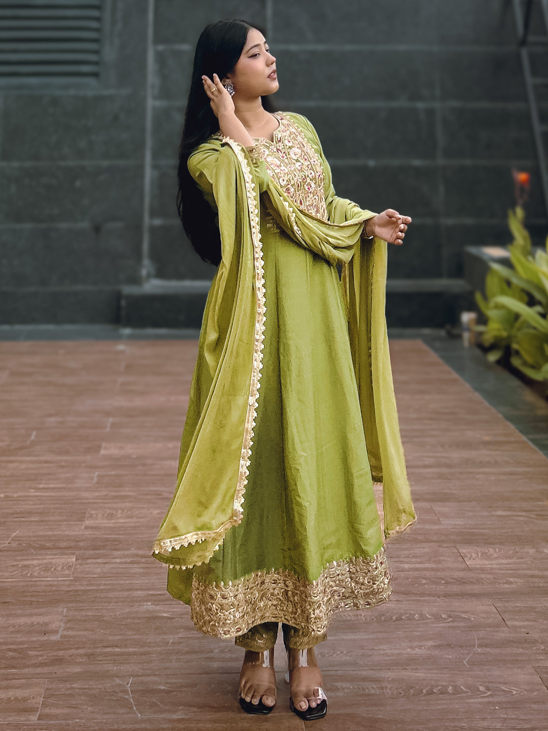 Anushka Mehndi Festive Embroidered Russian Silk Mehndi Anarkali Set