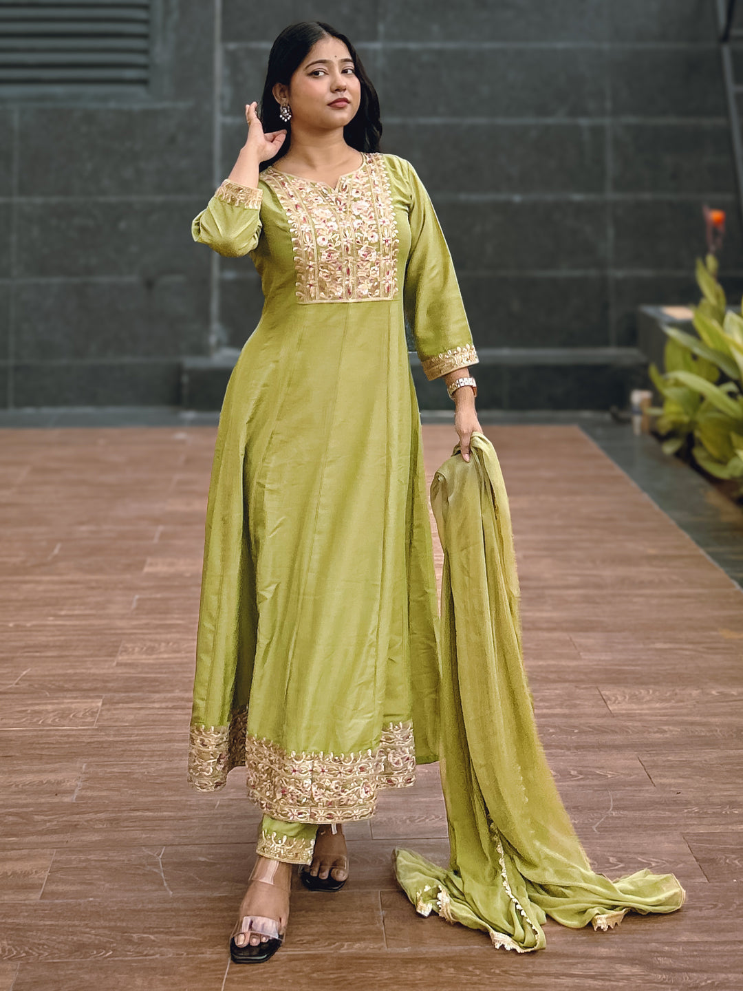 Anushka Mehndi Festive Embroidered Russian Silk Mehndi Anarkali Set