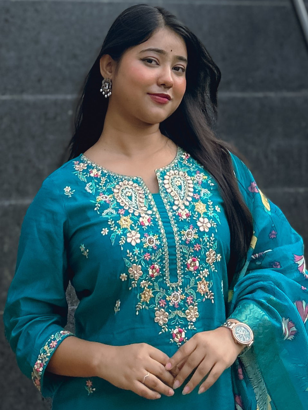 Rajvilas Teal Viscose Rayon Kurta with Trousers & Dupatta Suits