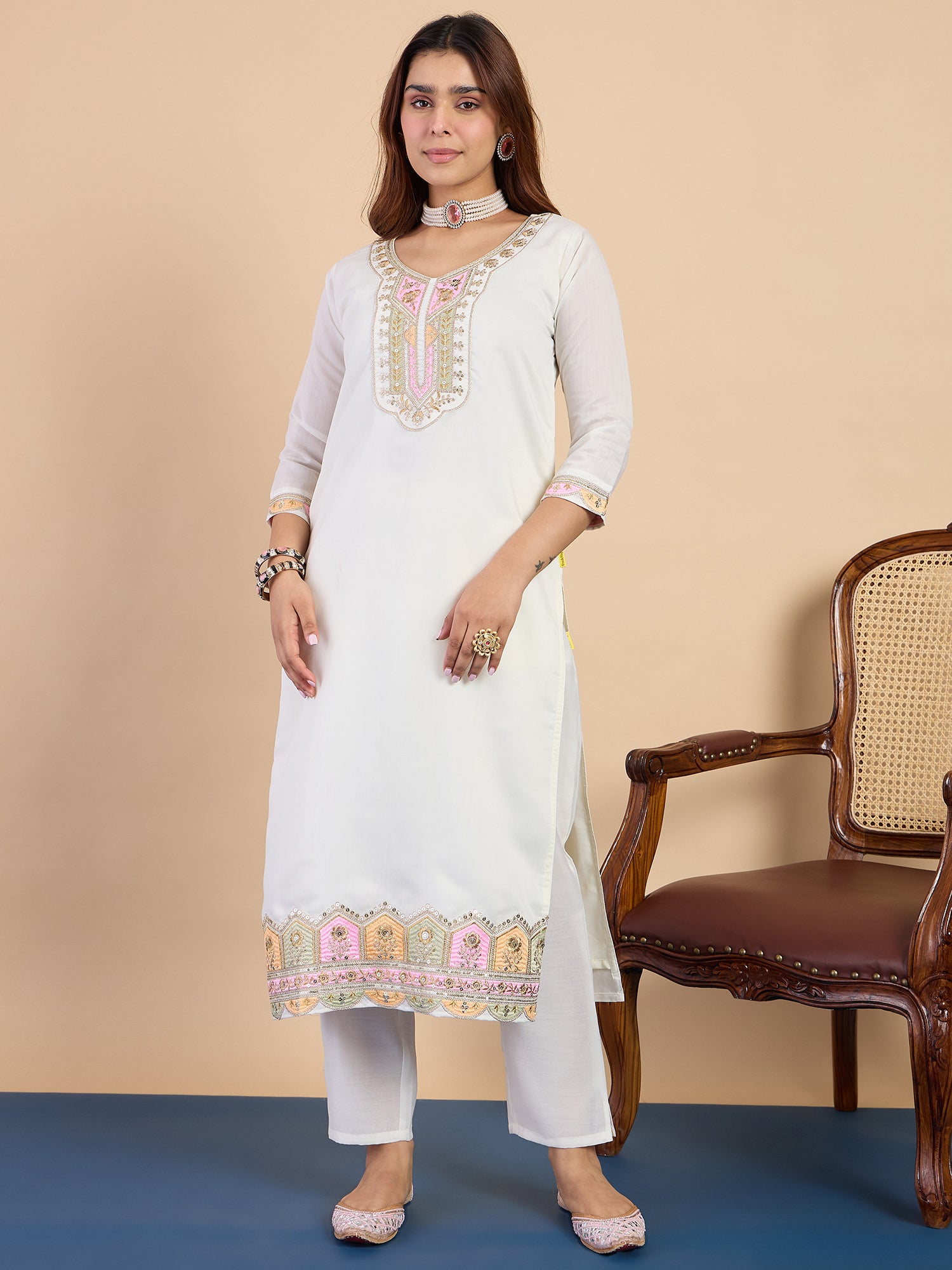 Riya Women's Off White Silk Blend Embroidered Yoke Kurta Set with Pastel Shaded Dupatta