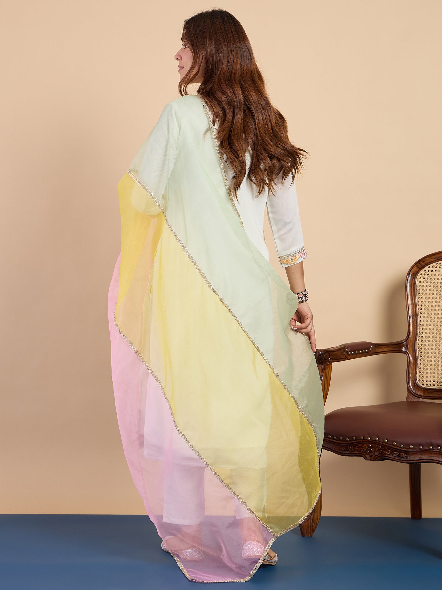 Riya Women's Off White Silk Blend Embroidered Yoke Kurta Set with Pastel Shaded Dupatta