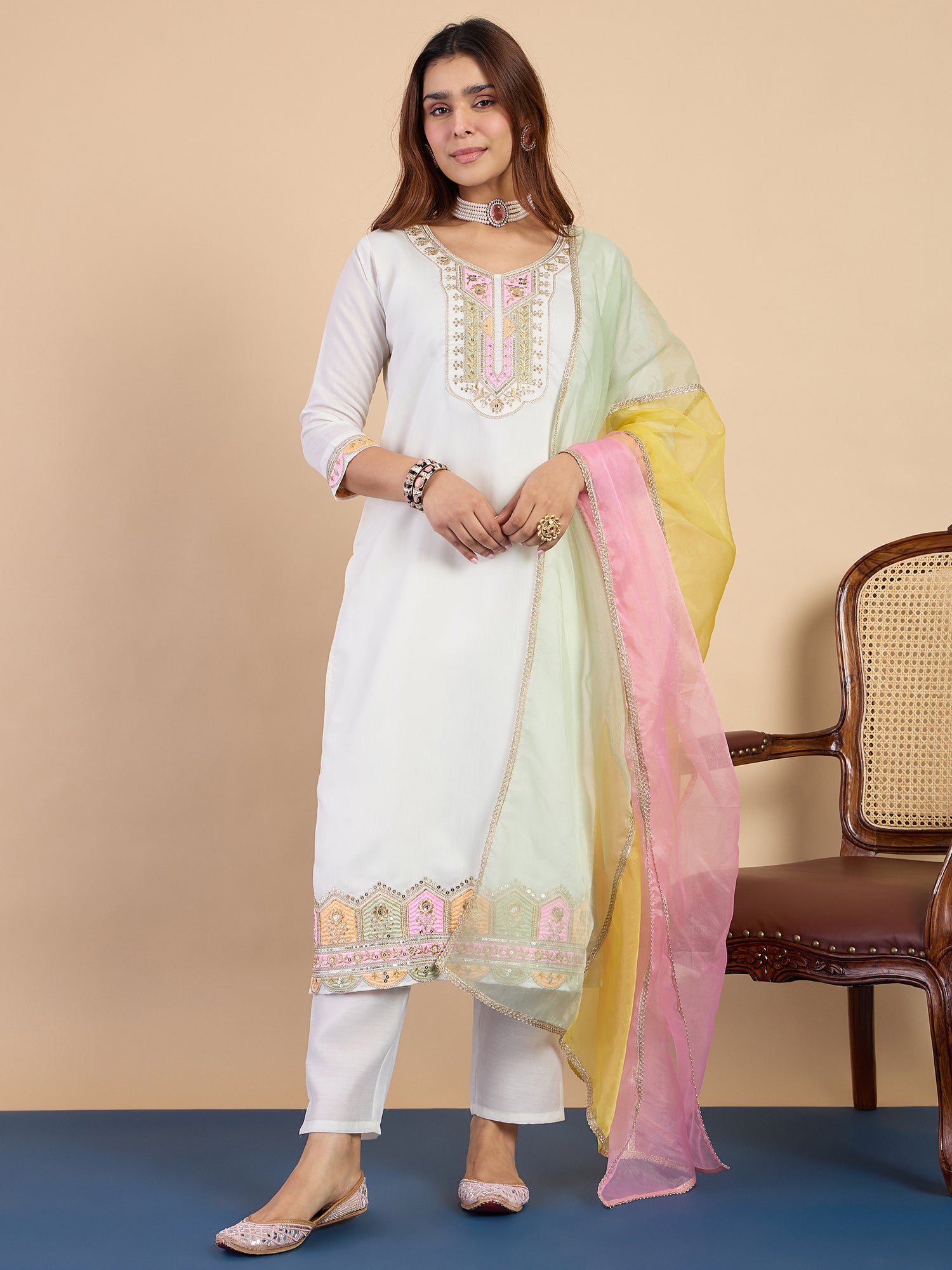 Riya Women's Off White Silk Blend Embroidered Yoke Kurta Set with Pastel Shaded Dupatta