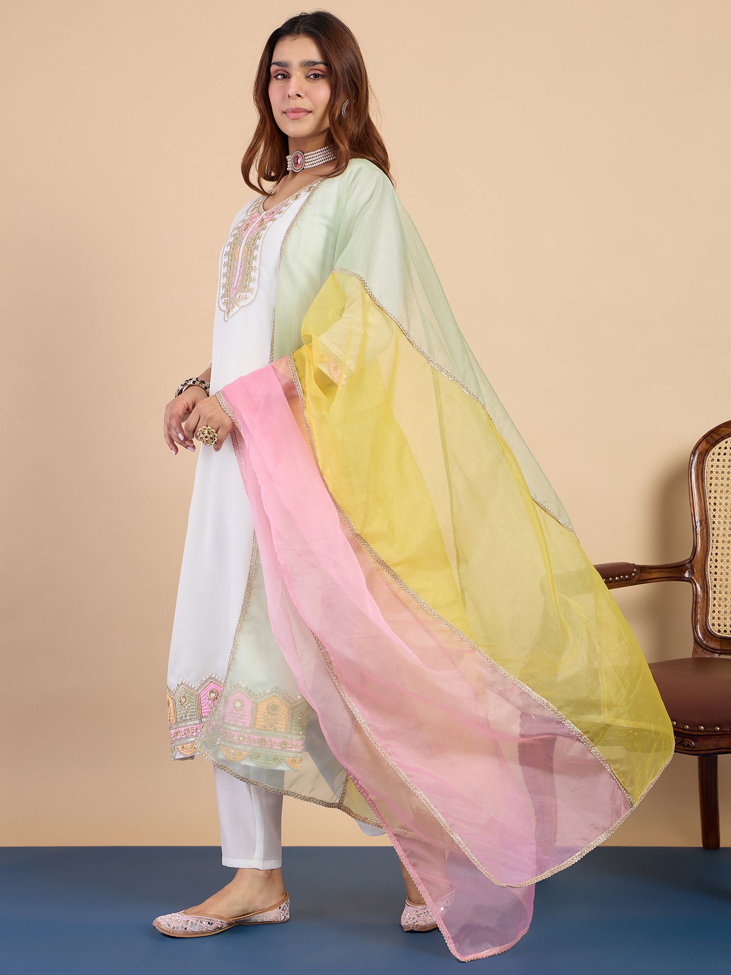 Riya Women's Off White Silk Blend Embroidered Yoke Kurta Set with Pastel Shaded Dupatta
