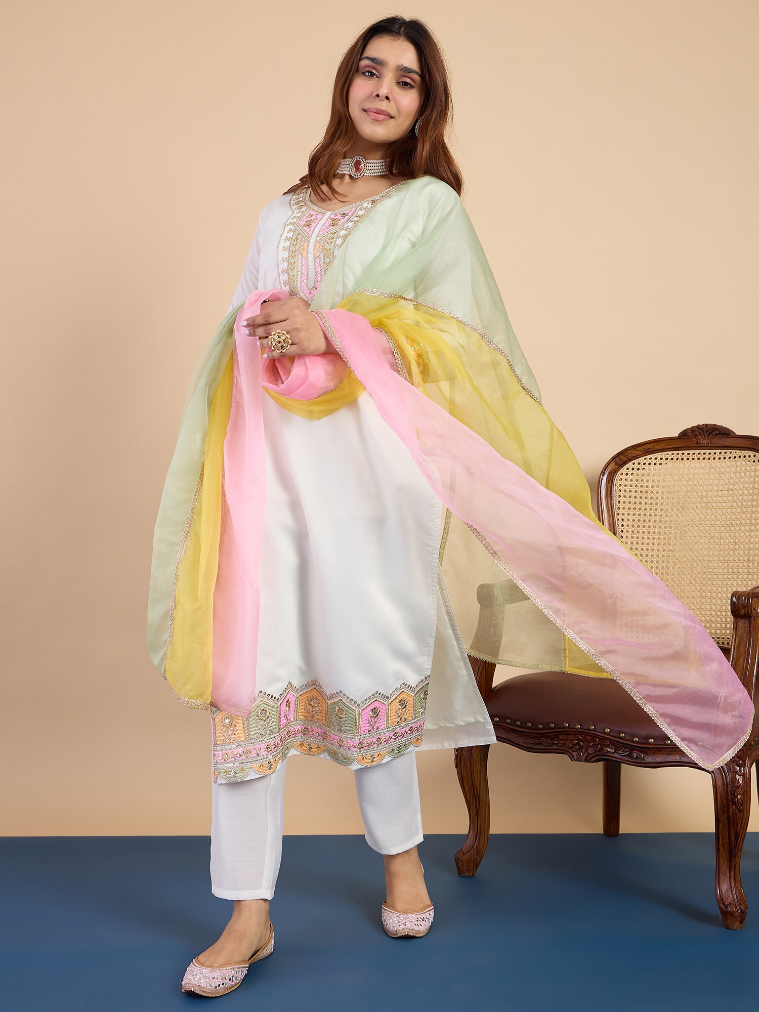 Riya Women's Off White Silk Blend Embroidered Yoke Kurta Set with Pastel Shaded Dupatta