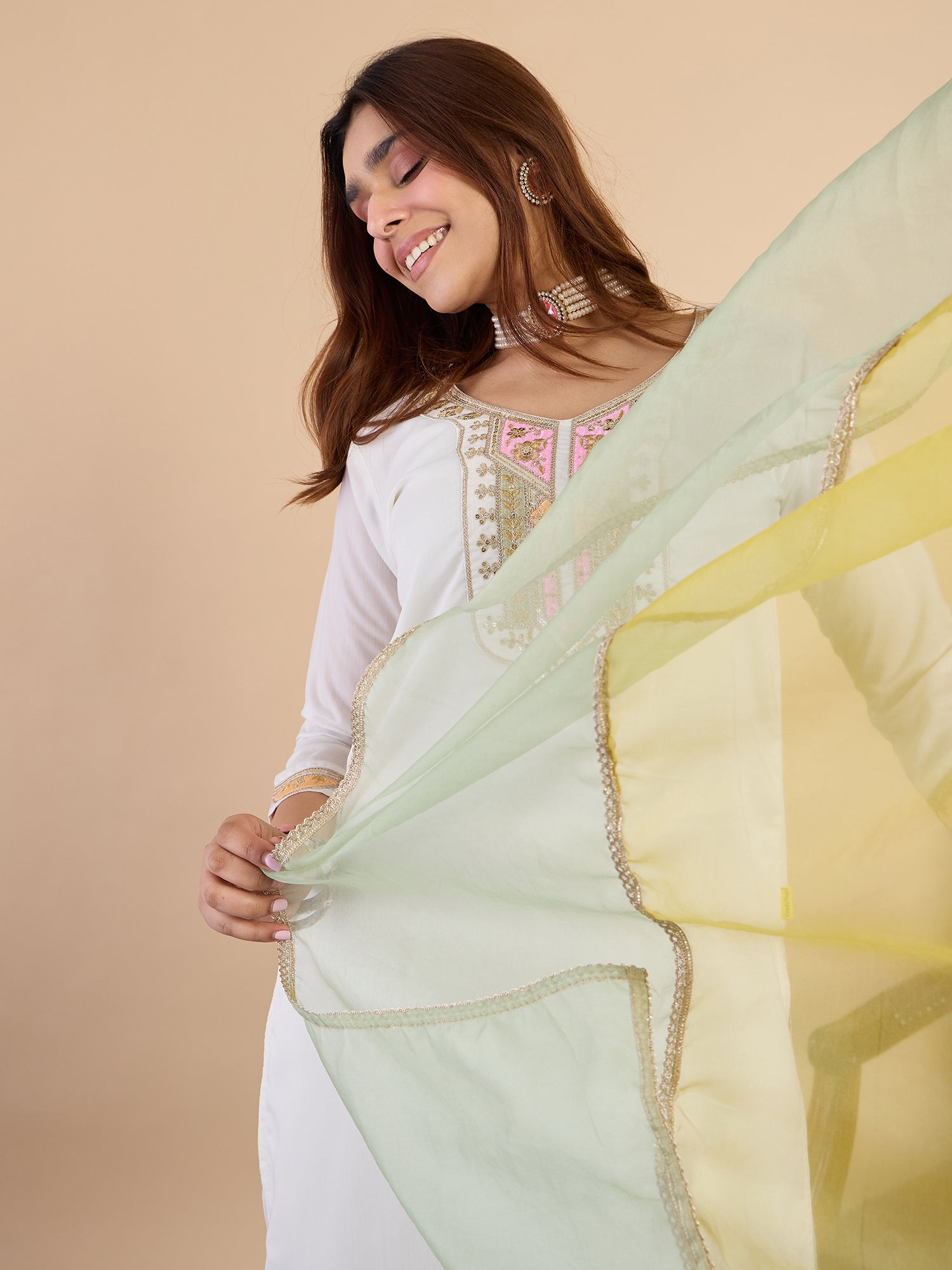 Riya Women's Off White Silk Blend Embroidered Yoke Kurta Set with Pastel Shaded Dupatta