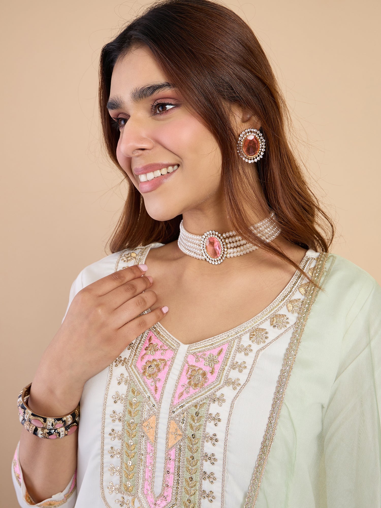 Riya Women's Off White Silk Blend Embroidered Yoke Kurta Set with Pastel Shaded Dupatta