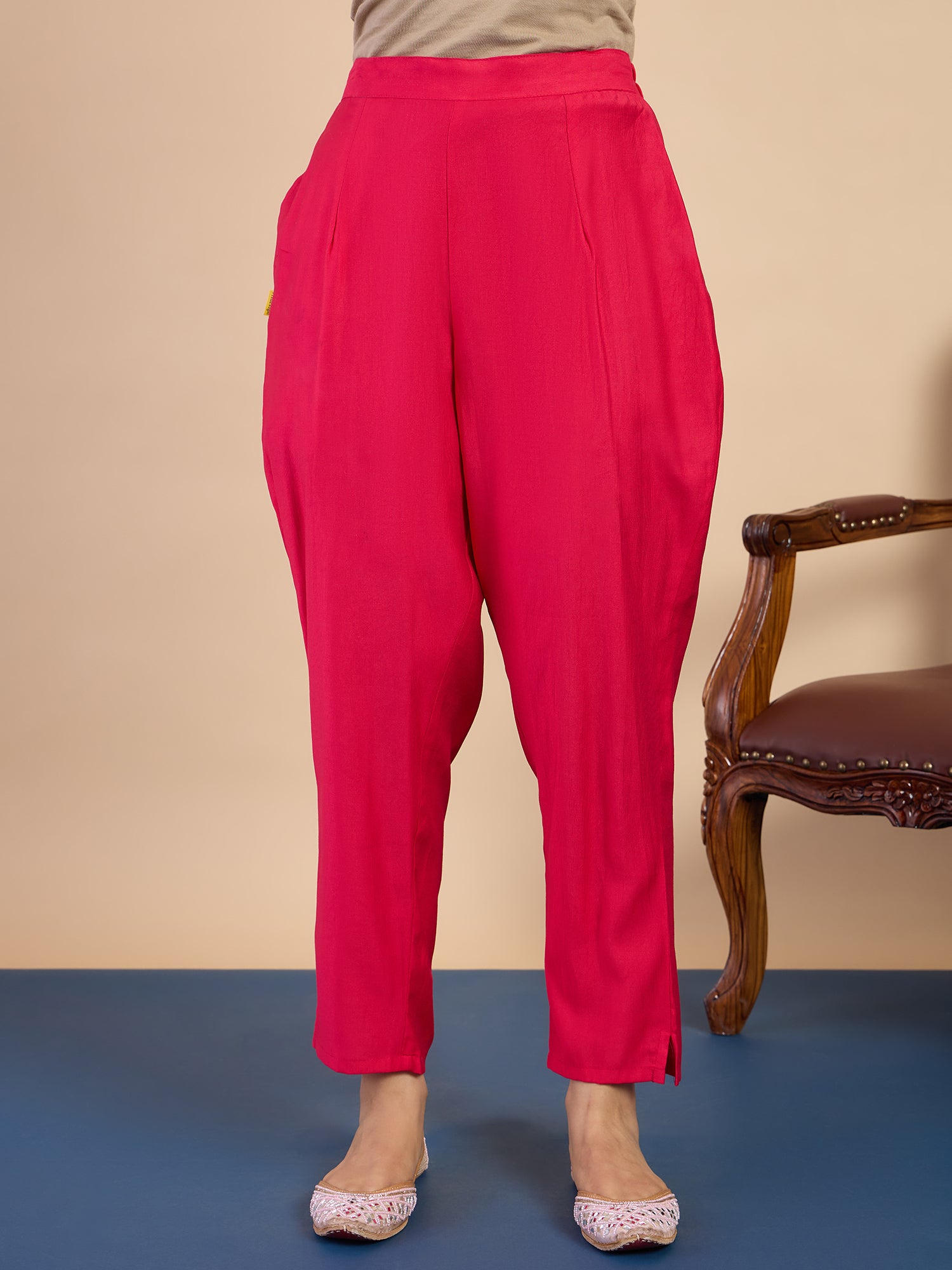 Kiara Women's Fuchsia Pink Embroidered Neckline Straight Kurta Pant Set