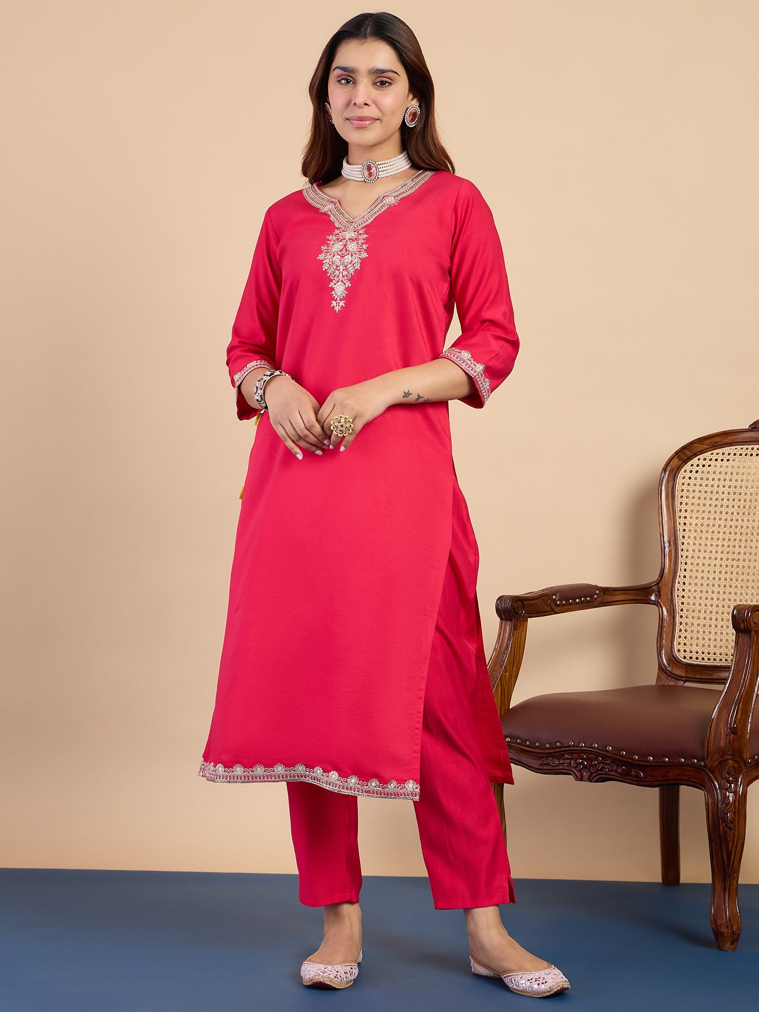 Kiara Women's Fuchsia Pink Embroidered Neckline Straight Kurta Pant Set