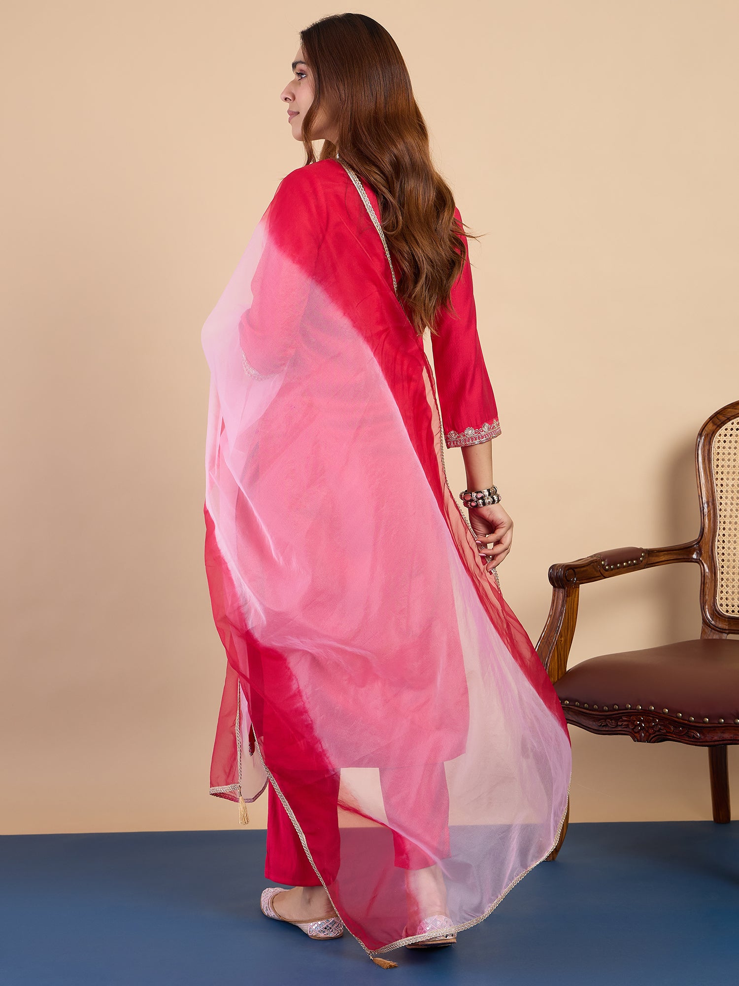 Kiara Women's Fuchsia Pink Embroidered Neckline Straight Kurta Pant Set