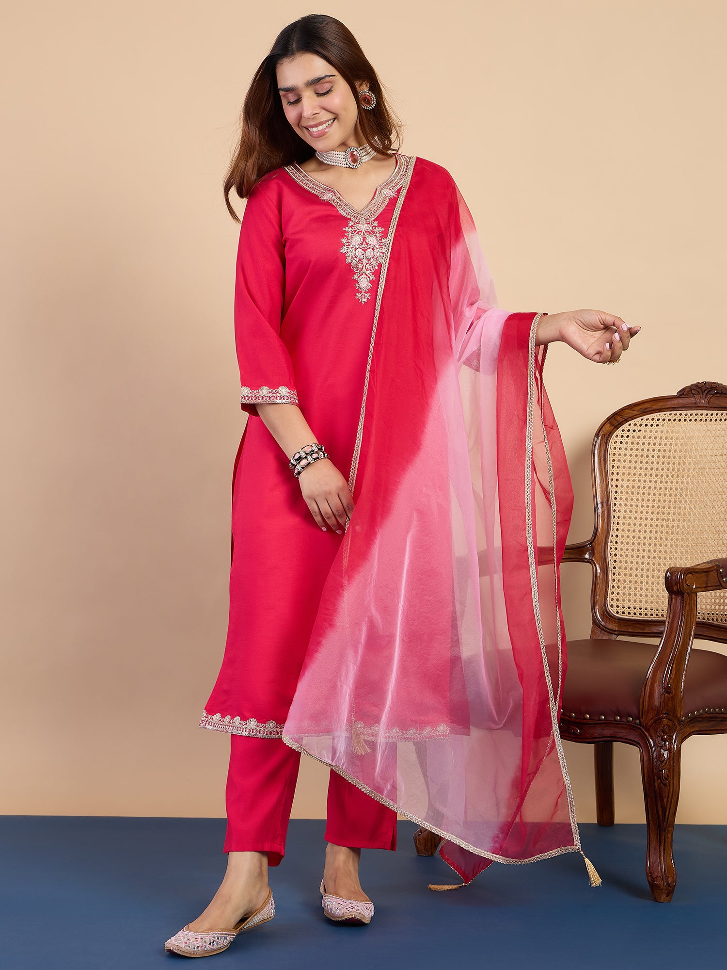 Kiara Women's Fuchsia Pink Embroidered Neckline Straight Kurta Pant Set