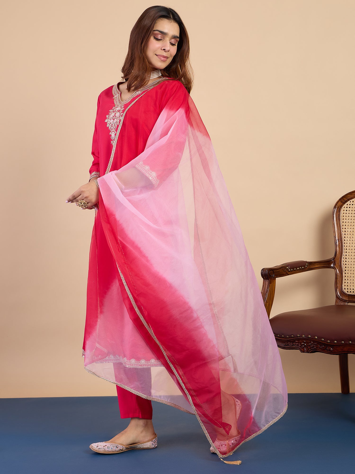 Kiara Women's Fuchsia Pink Embroidered Neckline Straight Kurta Pant Set