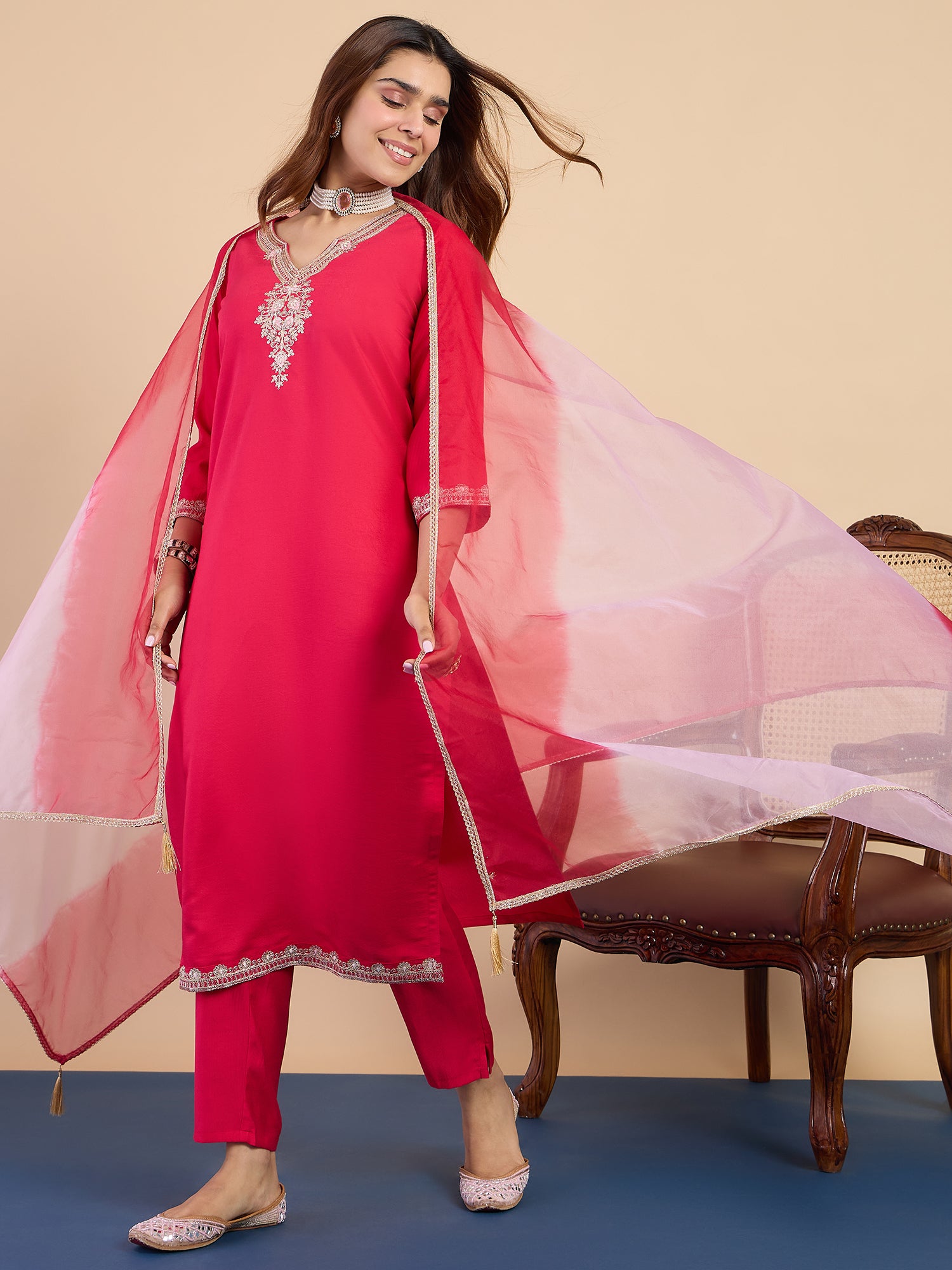 Kiara Women's Fuchsia Pink Embroidered Neckline Straight Kurta Pant Set