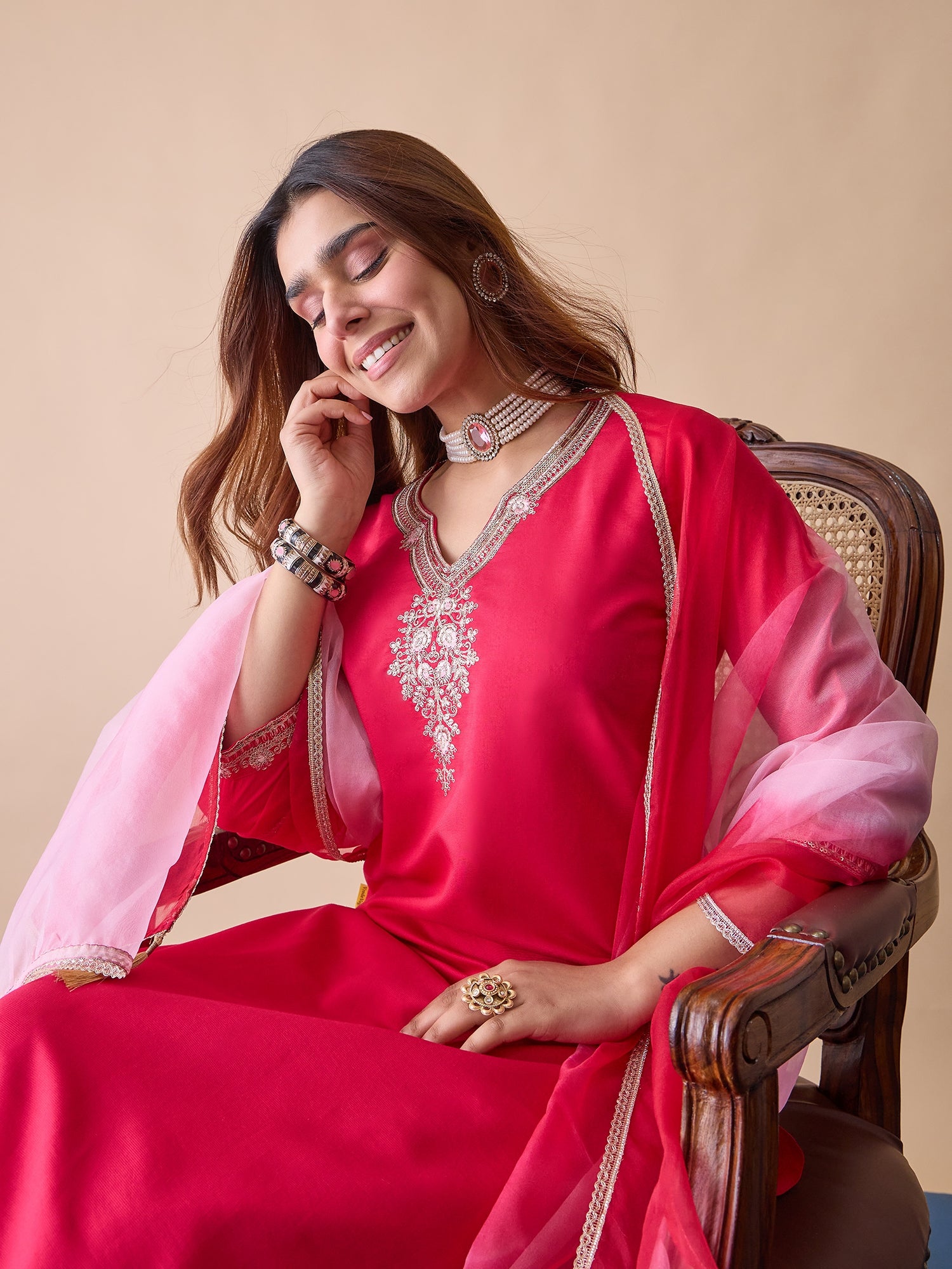 Kiara Women's Fuchsia Pink Embroidered Neckline Straight Kurta Pant Set
