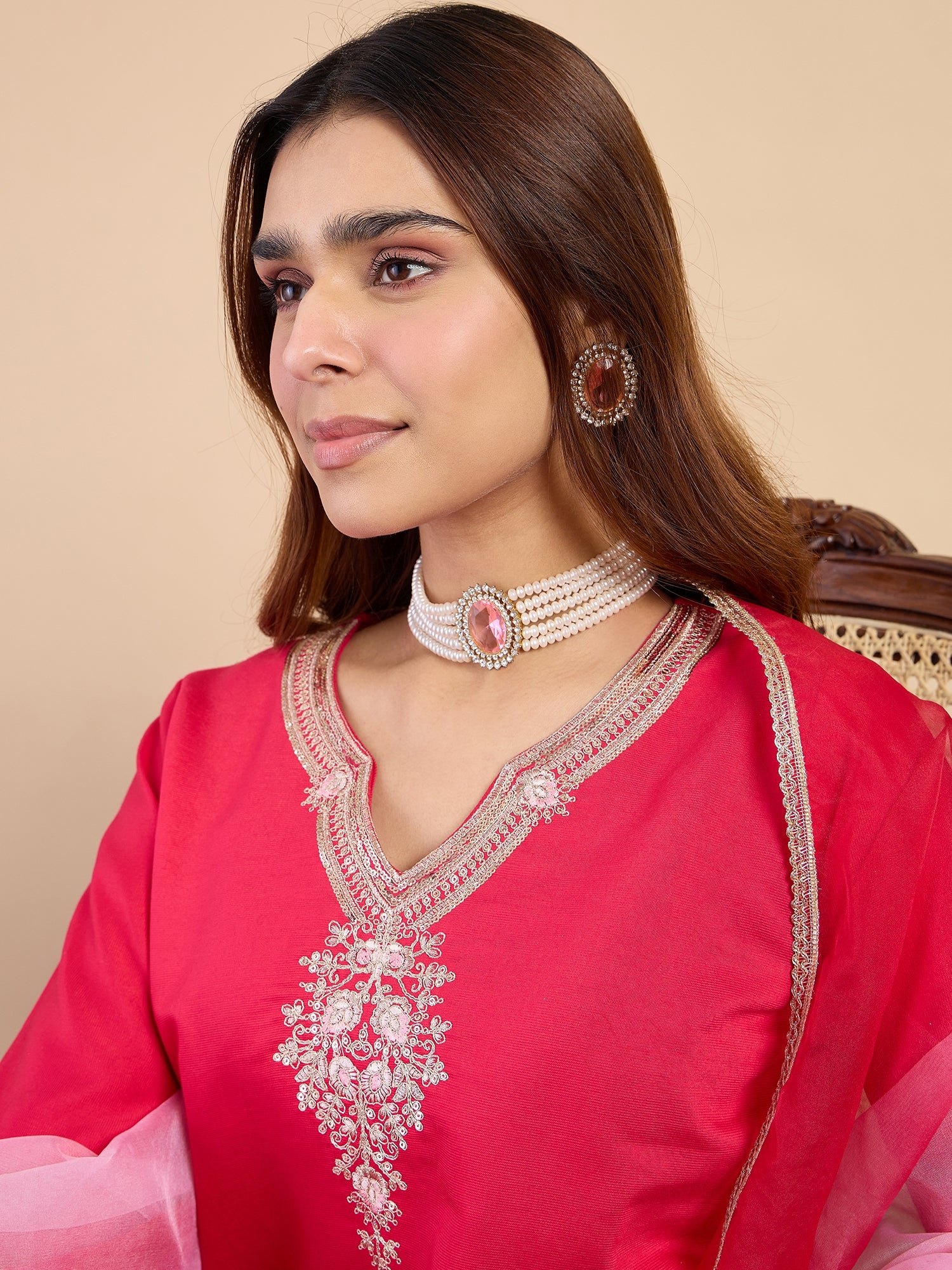 Kiara Women's Fuchsia Pink Embroidered Neckline Straight Kurta Pant Set