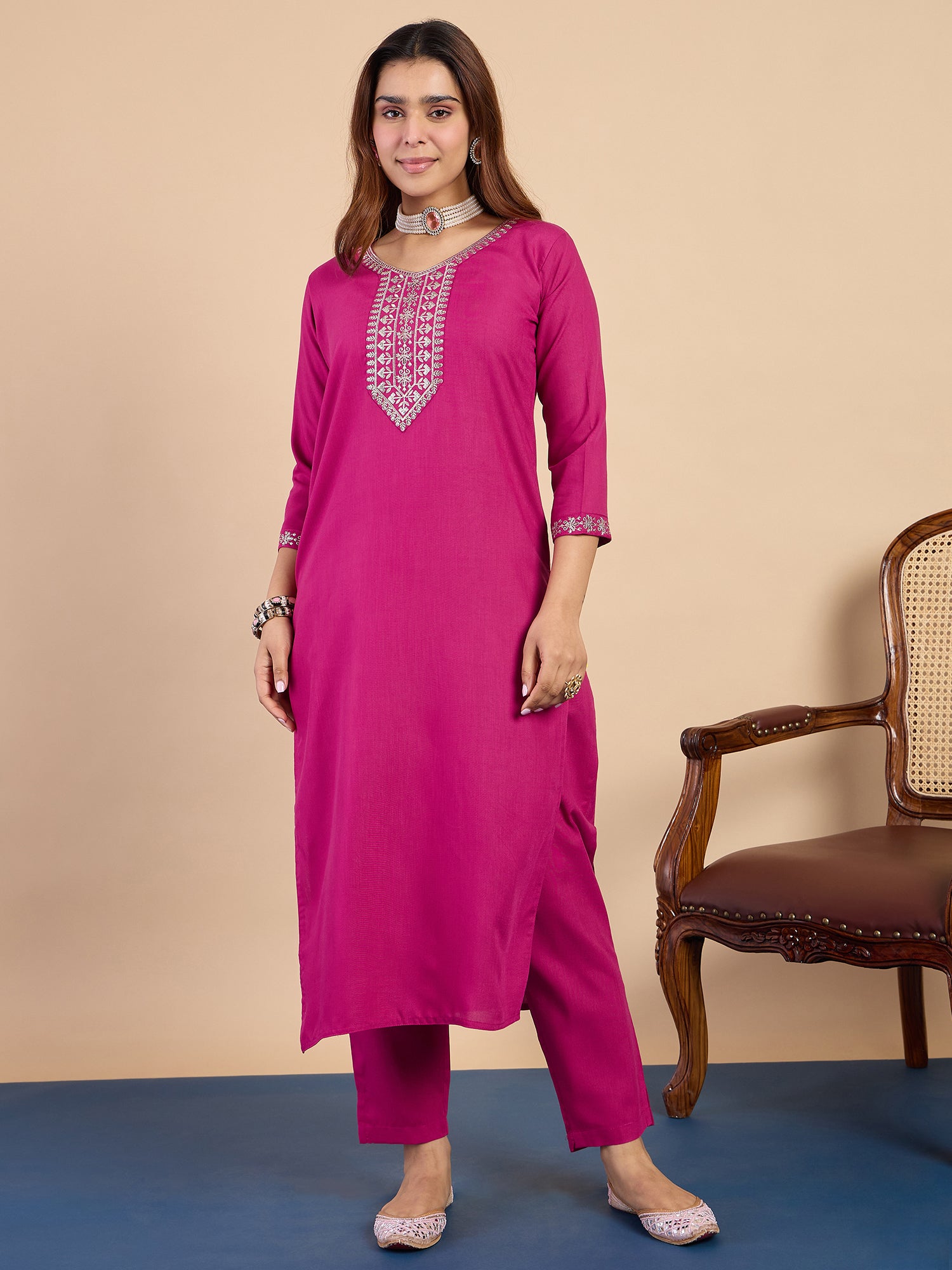 Rhea Women's Pink Embroidered Yoke Design Straight Kurta Set with Dupatta
