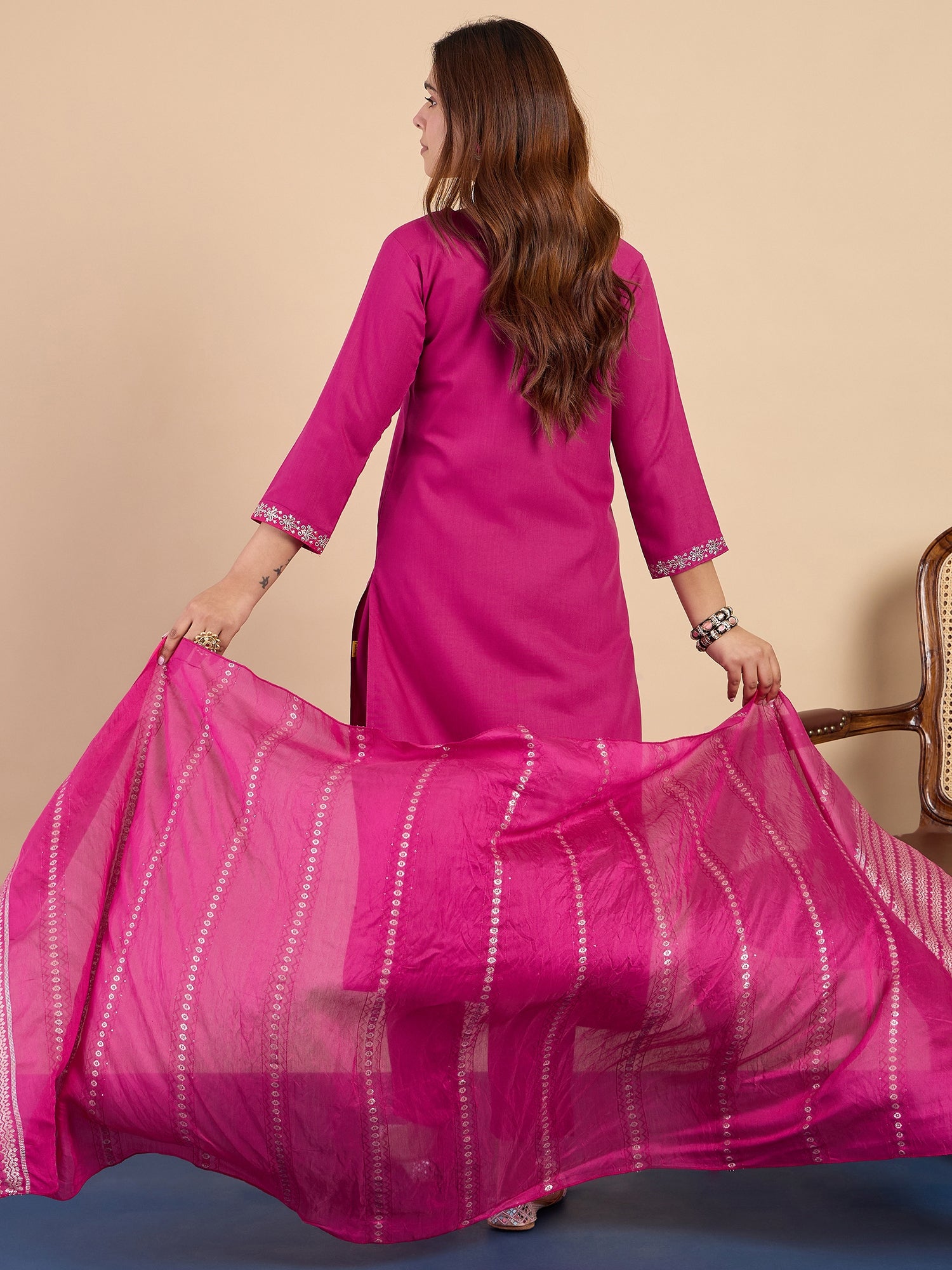 Rhea Women's Pink Embroidered Yoke Design Straight Kurta Set with Dupatta