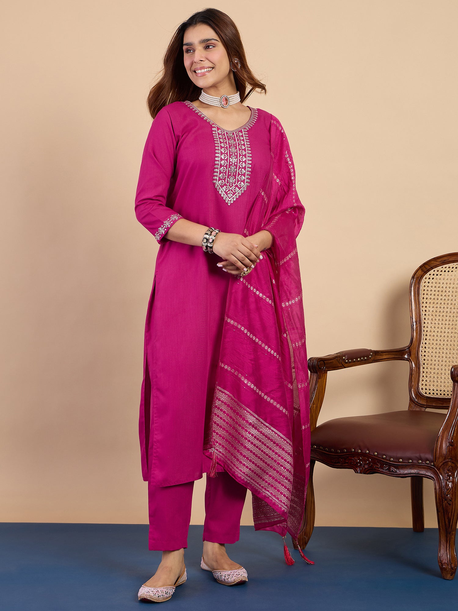 Rhea Women's Pink Embroidered Yoke Design Straight Kurta Set with Dupatta