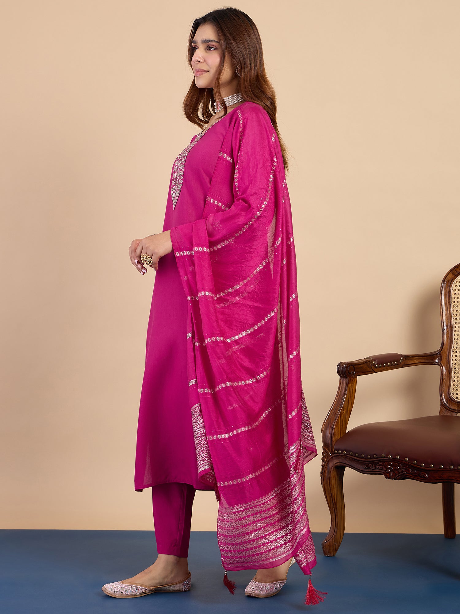Rhea Women's Pink Embroidered Yoke Design Straight Kurta Set with Dupatta