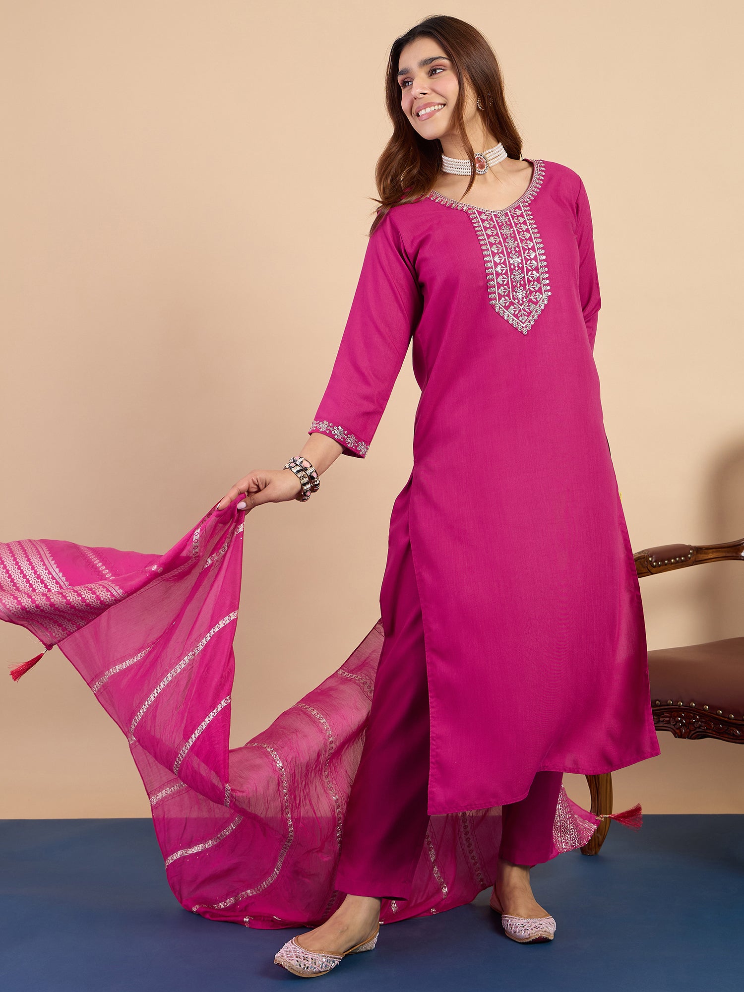 Rhea Women's Pink Embroidered Yoke Design Straight Kurta Set with Dupatta