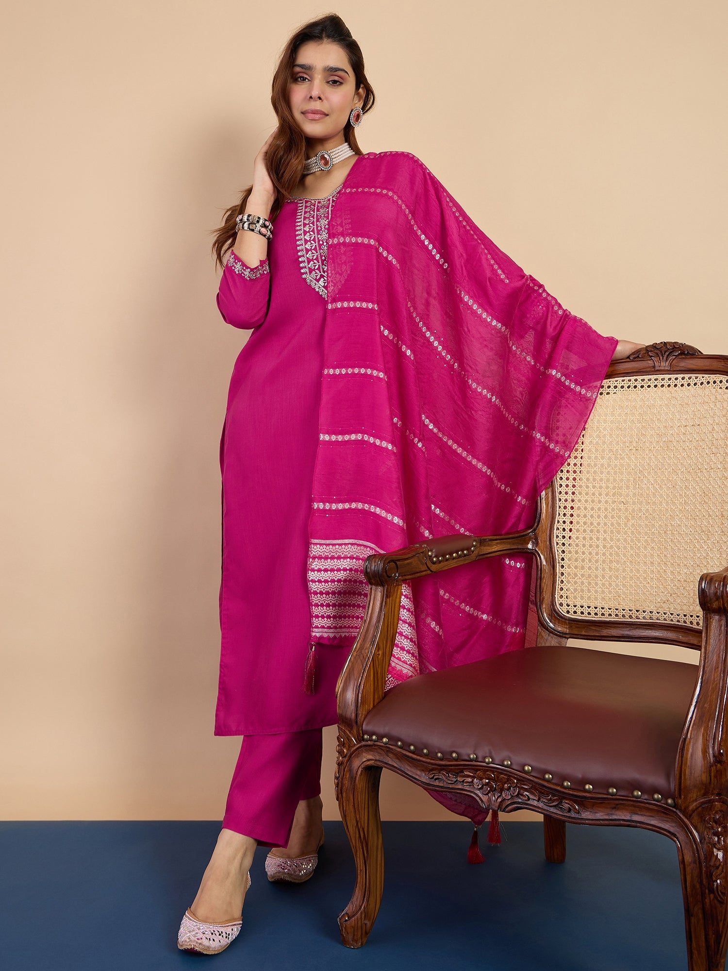 Rhea Women's Pink Embroidered Yoke Design Straight Kurta Set with Dupatta