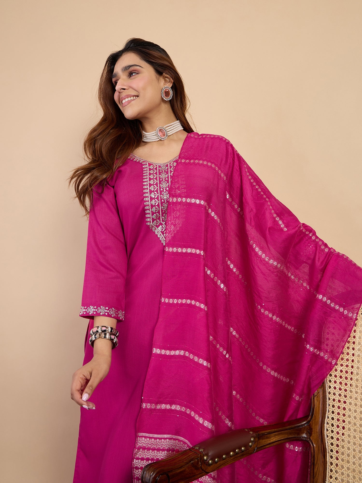 Rhea Women's Pink Embroidered Yoke Design Straight Kurta Set with Dupatta