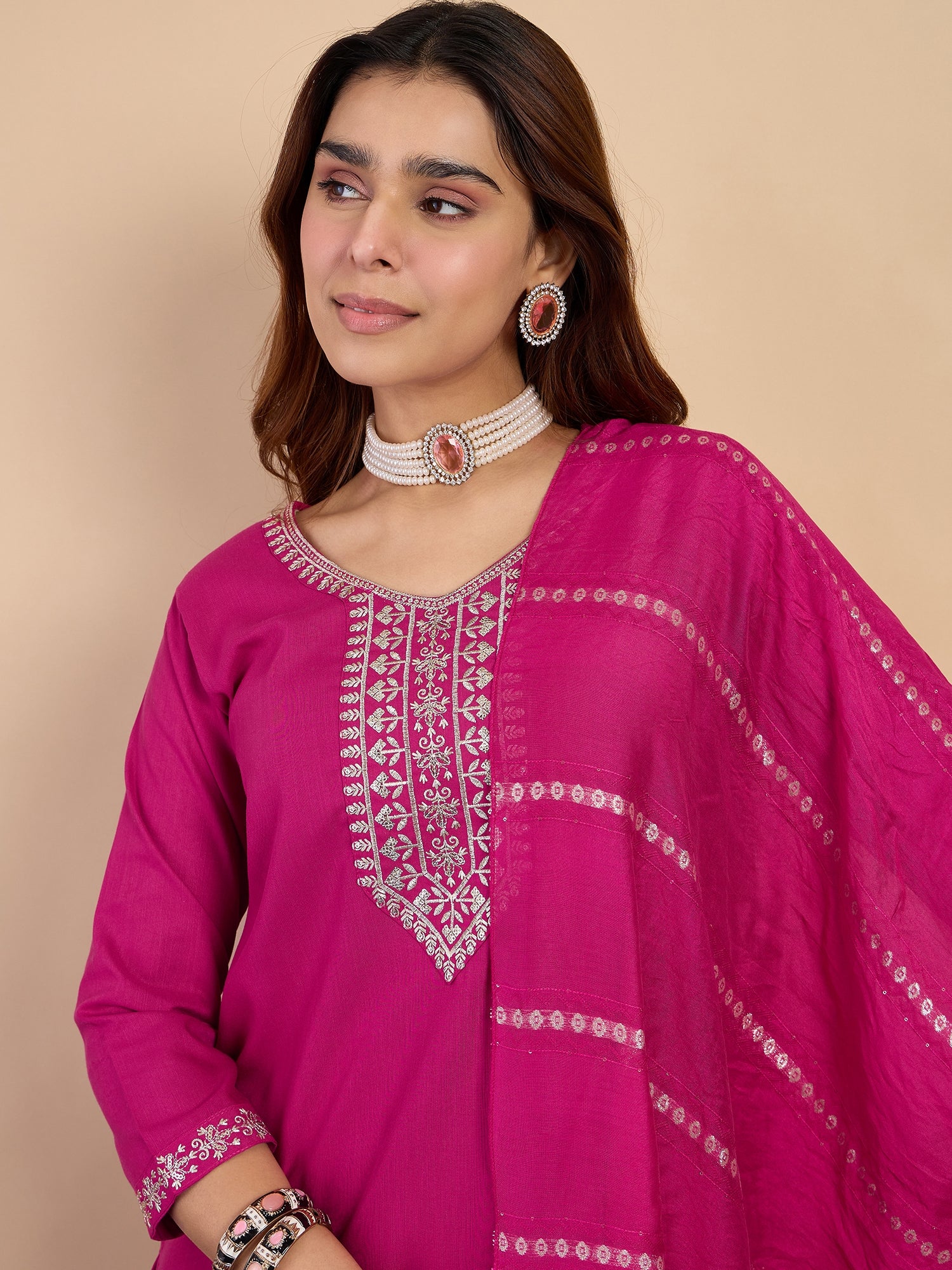 Rhea Women's Pink Embroidered Yoke Design Straight Kurta Set with Dupatta