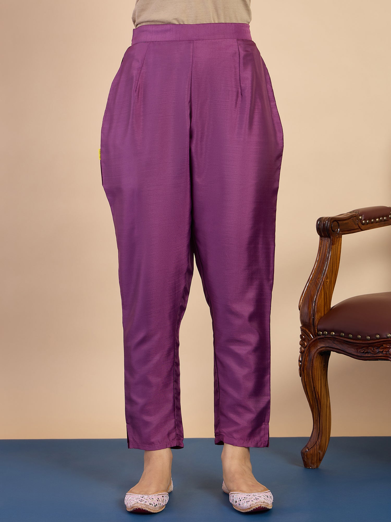 Rhea Women's Purple Embroidered Neckline Straight Kurta Set with Scalloped Dupatta